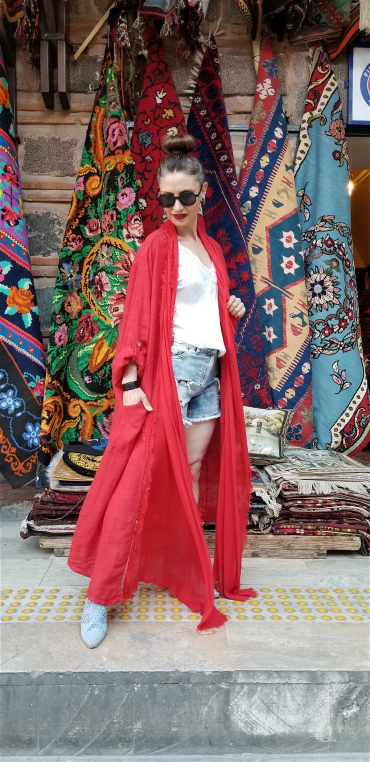 Kırmızı İtalyan Keten Kumaş Kaftan