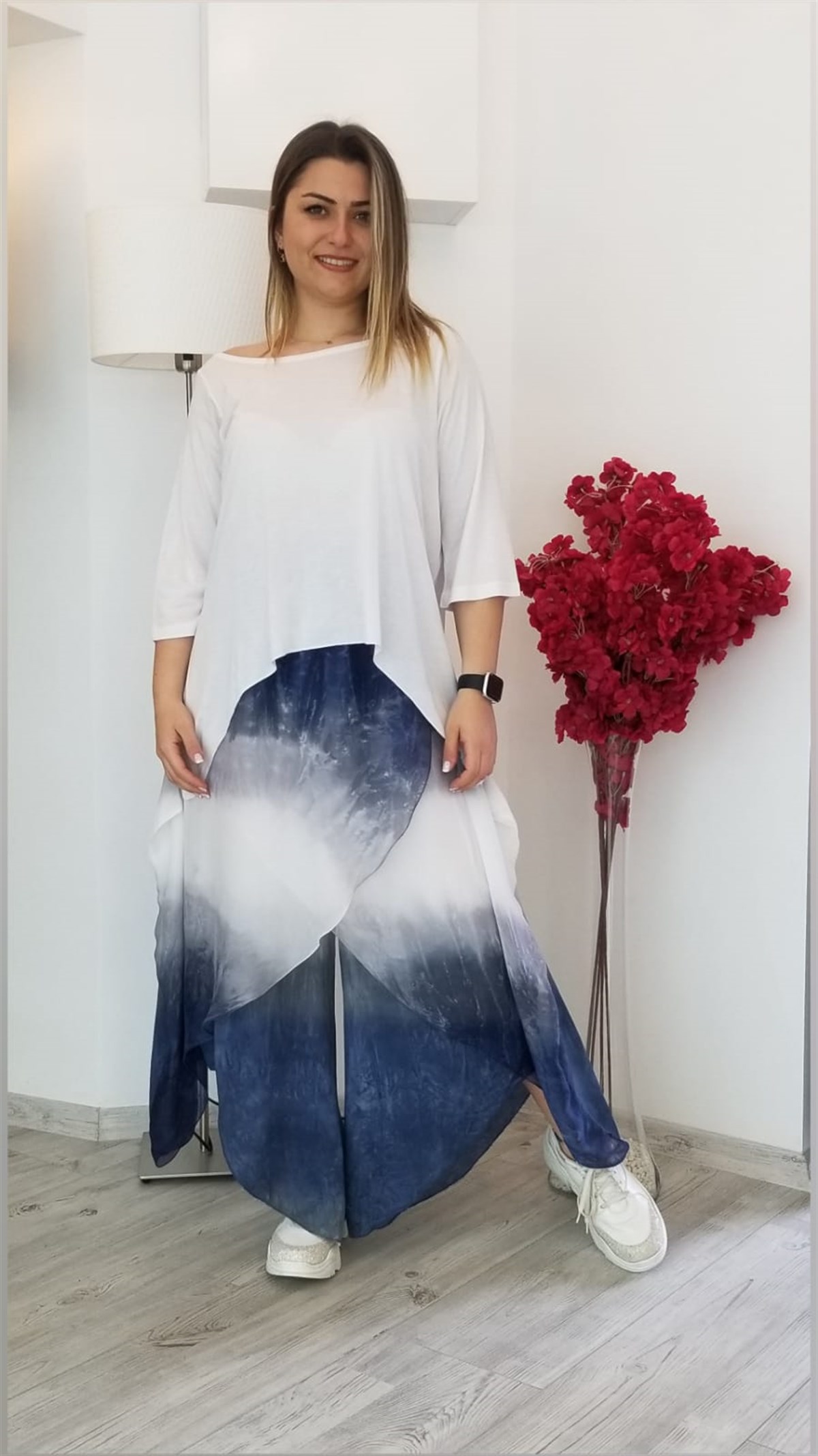 Lacivert Batik Desenli İpek Kumaş İçi Astarlı Şalvar Etek