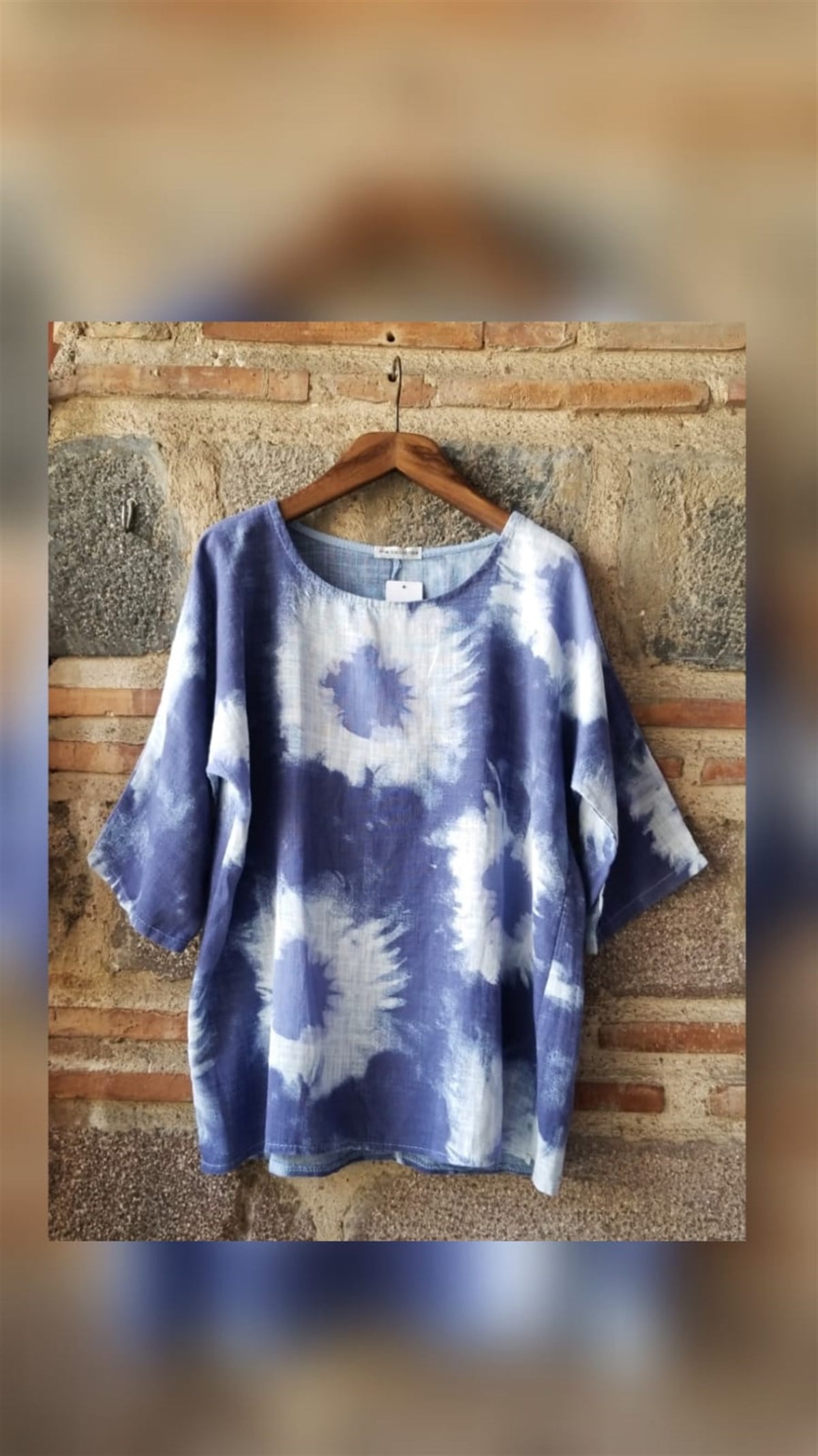 Lacivert Batik Desenli Keten Bluz