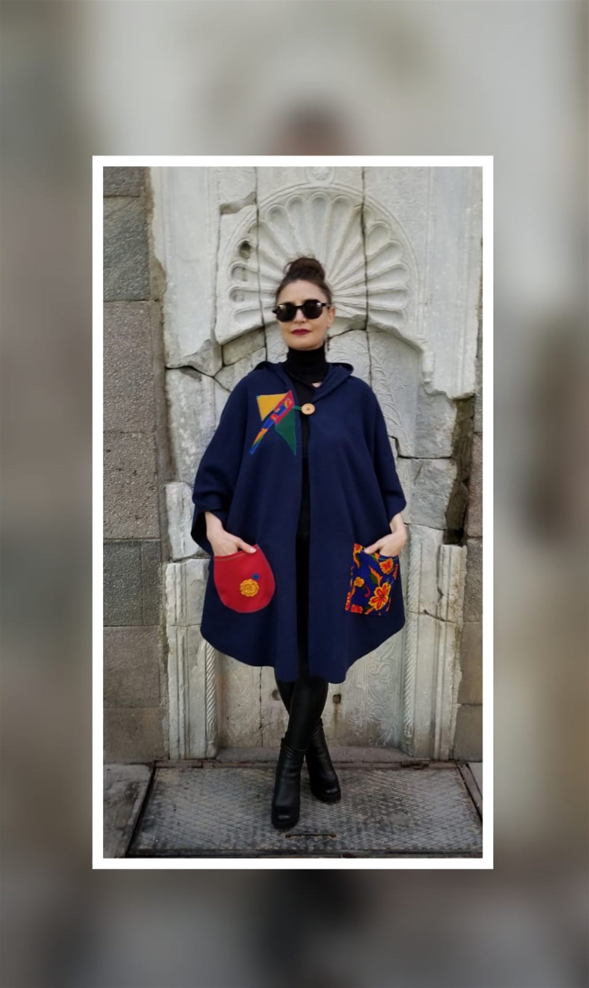 Lacivert Kapşonlu Kaşe Panço