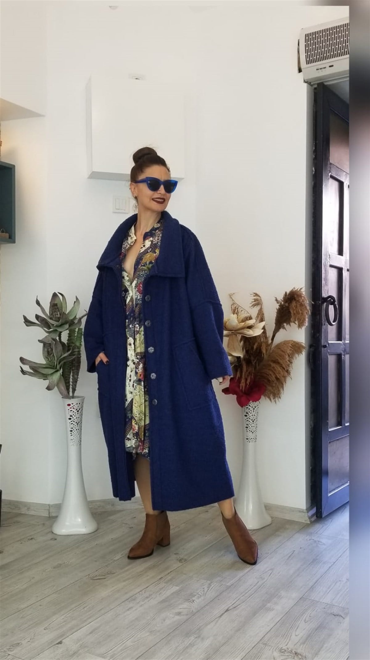 Lacivert Yün Buklet İçi Polar Kaban (Oversize)