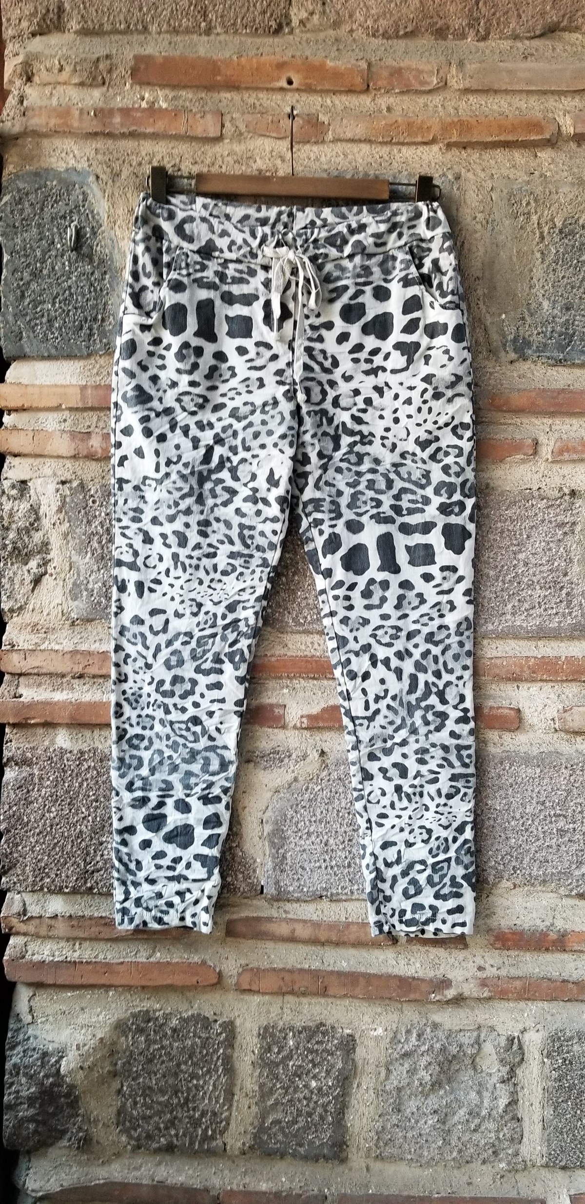 Leopar Desenli Ekru Koton Pantolon