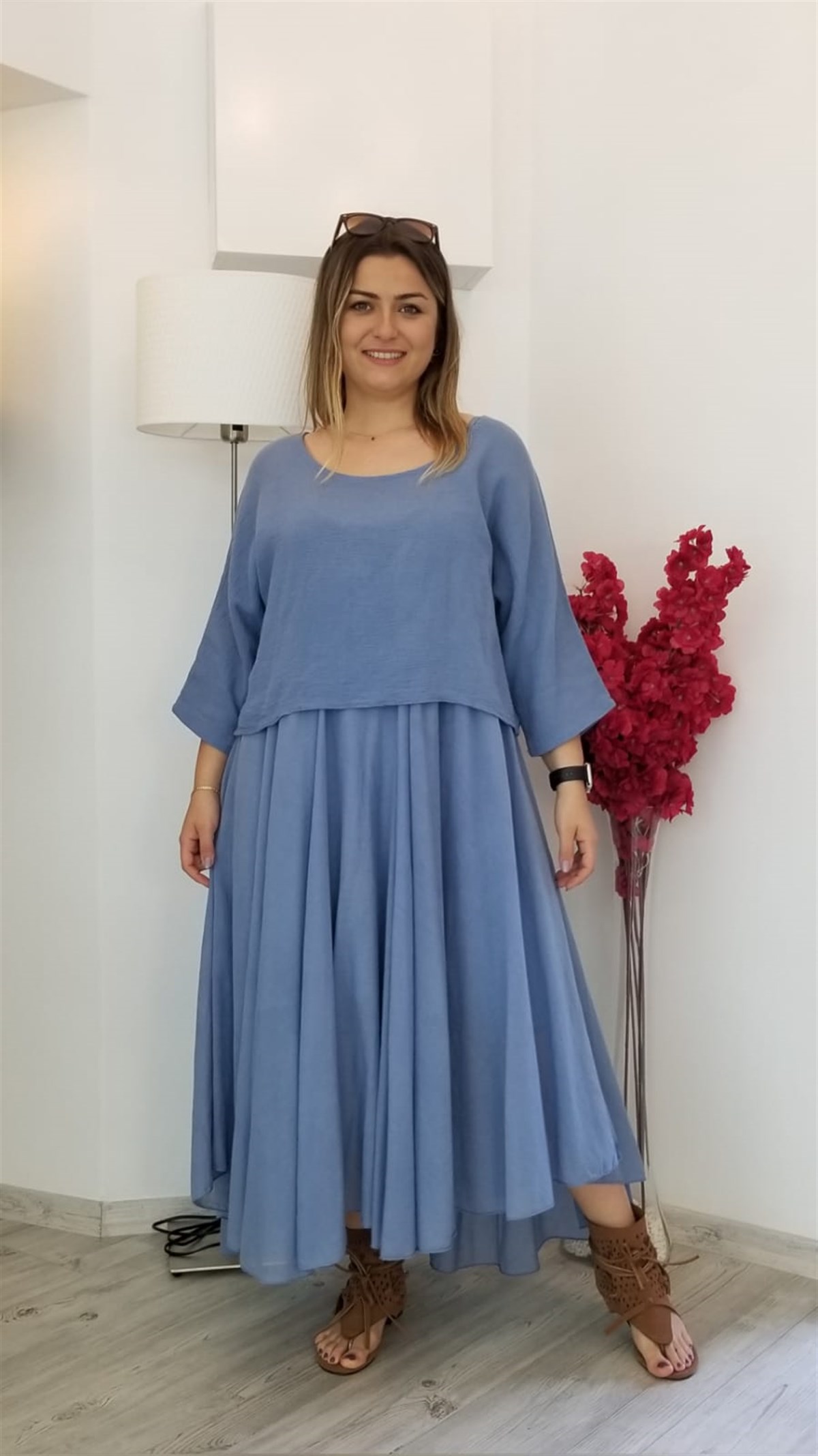 Mavi İki Parçalı İçi Askılı Elbise