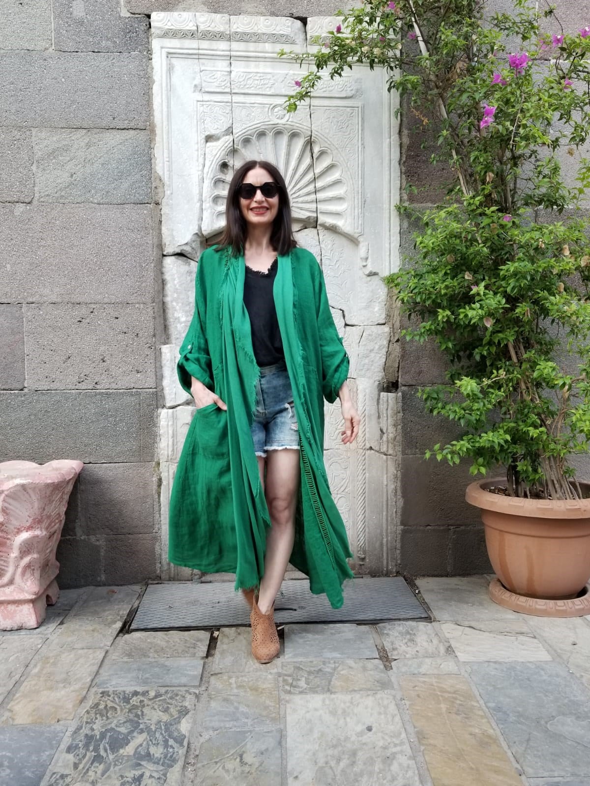 Mavi  İtalyan Keten Kumaş Kaftan