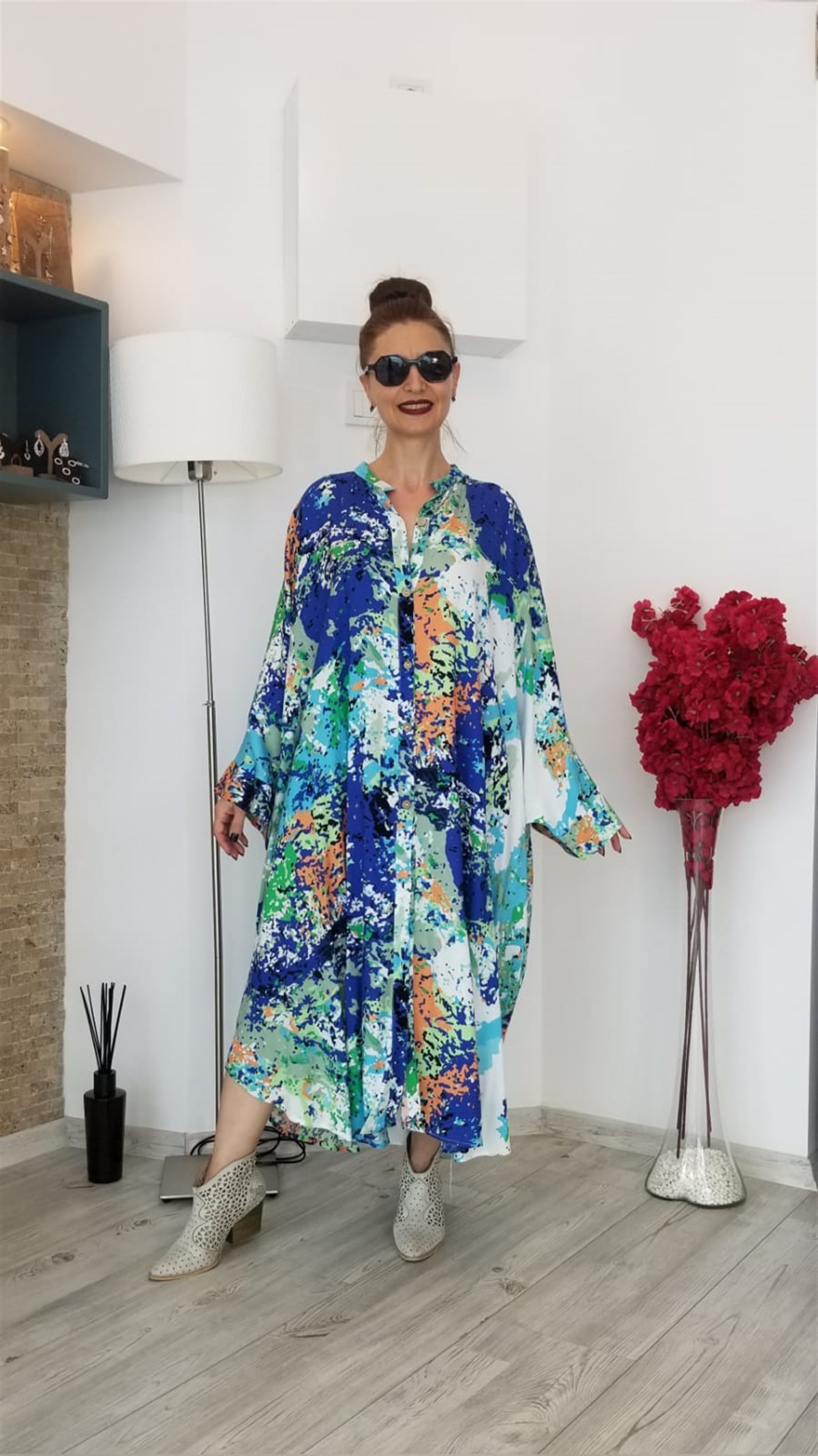 Mavi Splash Desenli Yarasa kollu Önü Ful Düğmeli Gömlek Elbise