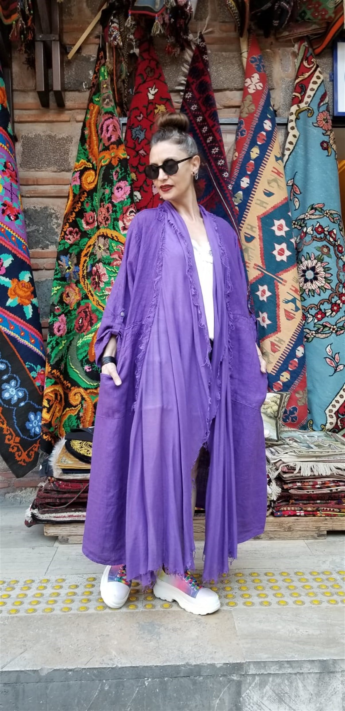 Mor İtalyan Keten Kumaş Kaftan