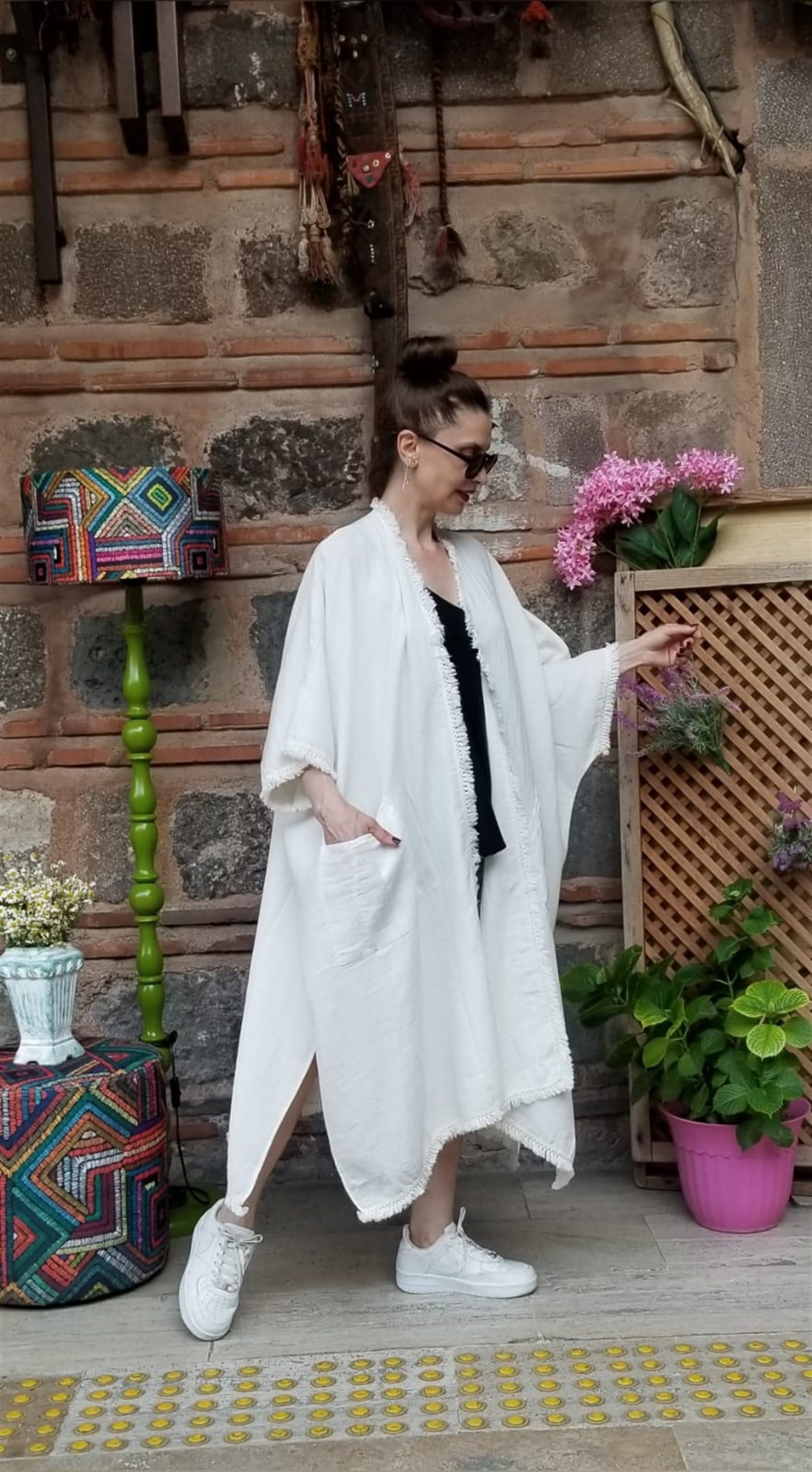 Müslin Kumaş Naturel Beyaz Cepli Kaftan
