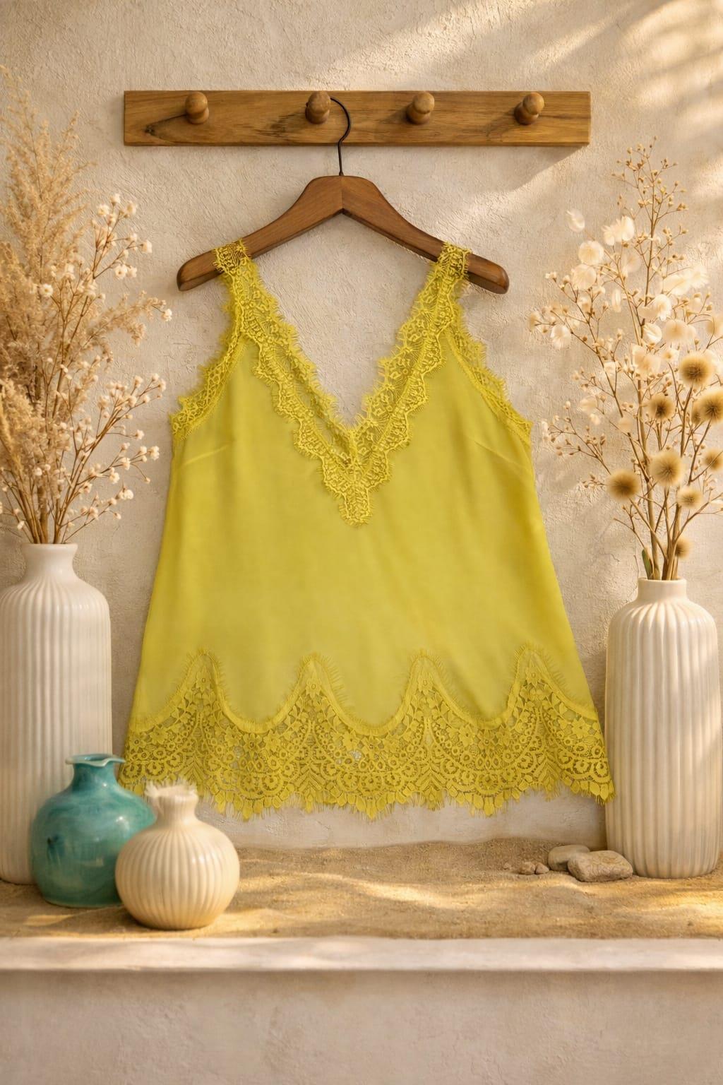 Neon Yeşili Dantel Detaylı Askılı Bluz