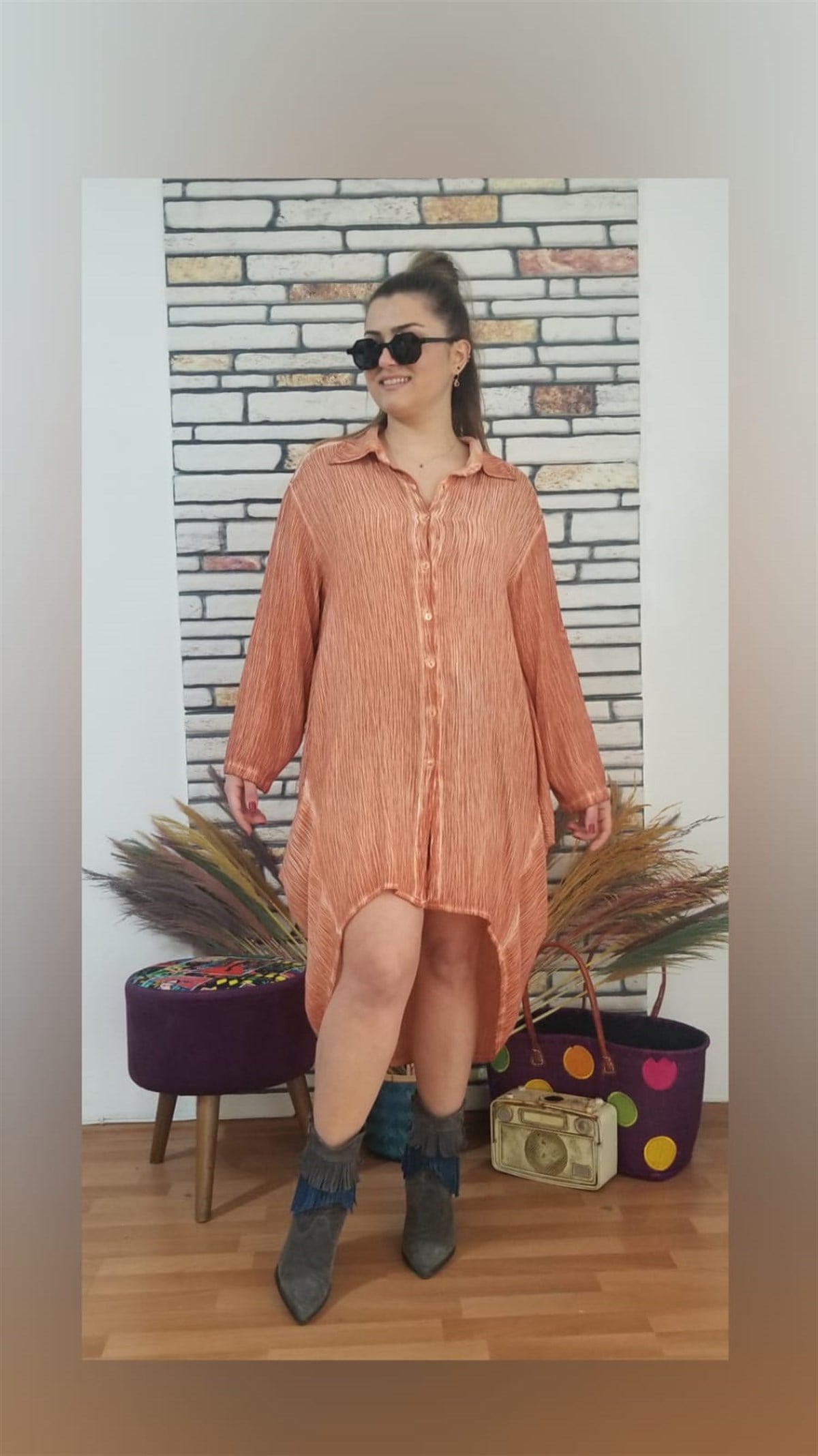 Orange Düğmeli Gömlek Elbise