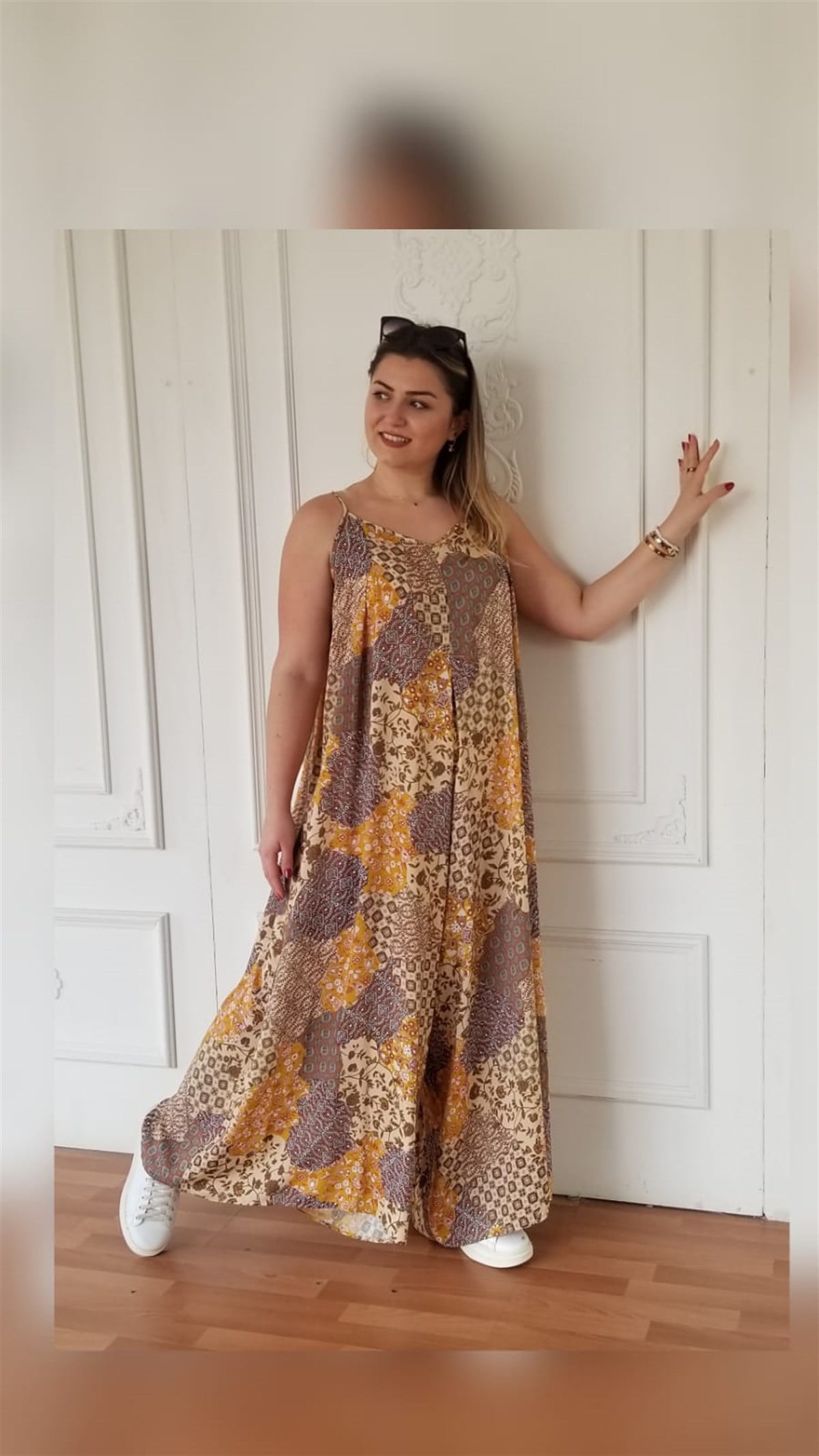 Patchwork İp Askılı Tulum Elbise 