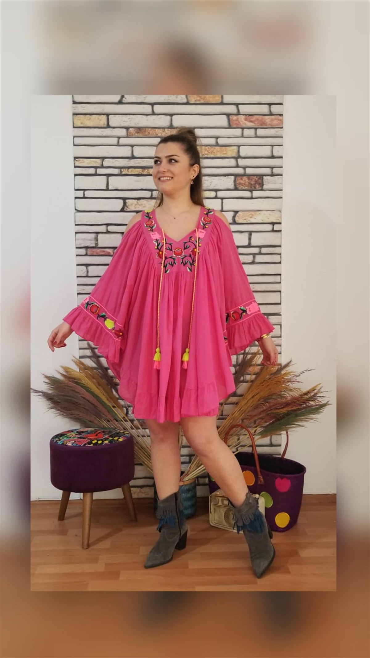 Pembe Bohem Tarzı Nkışlı Omuzu Açık Tunik