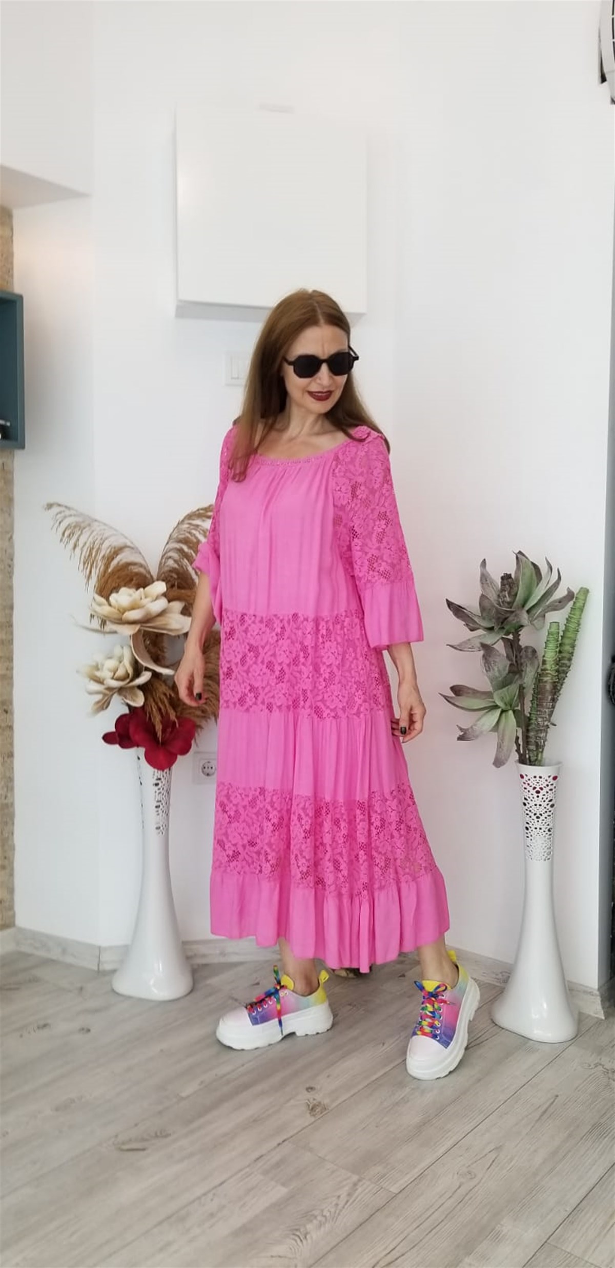 Pembe İtalyan %100 Pmuklu Viskon Kumaş Dantel Detaylı Elbize