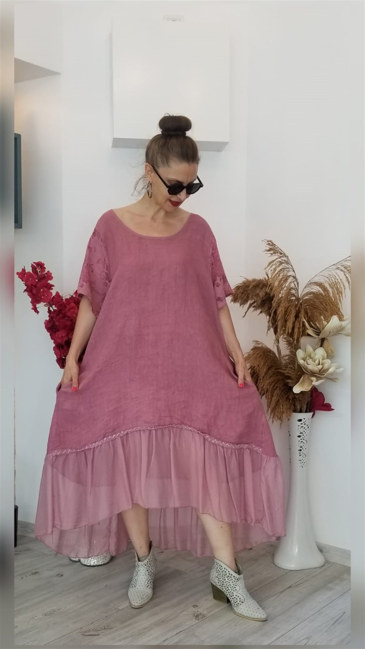 Pembe İtalyan Keten Kumaş Elbise