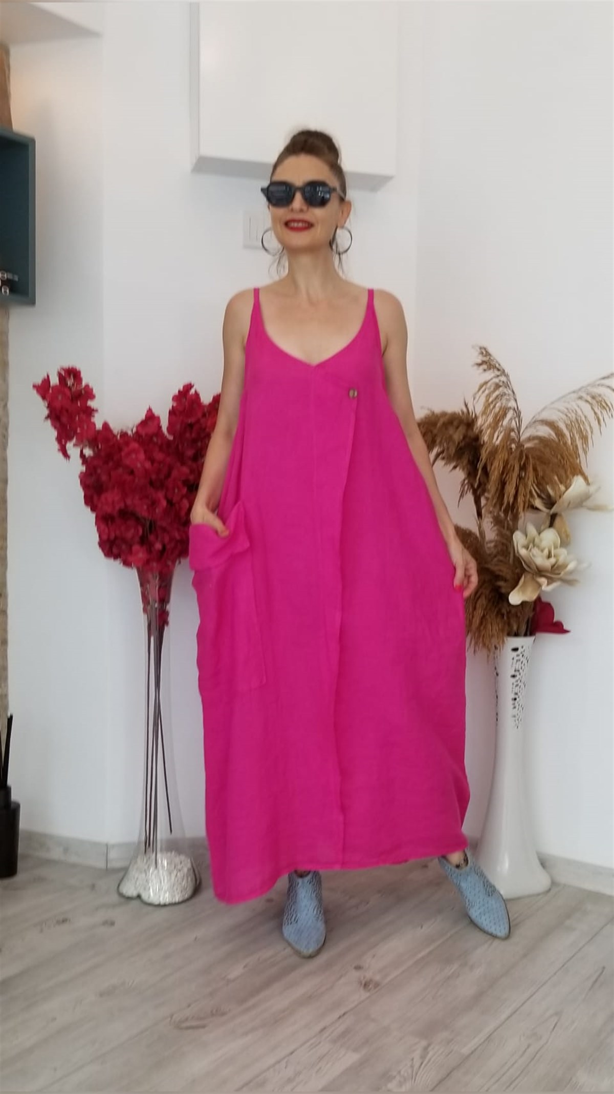 Pembe İtalyan Keten Kumaş İp Askılı Elbise