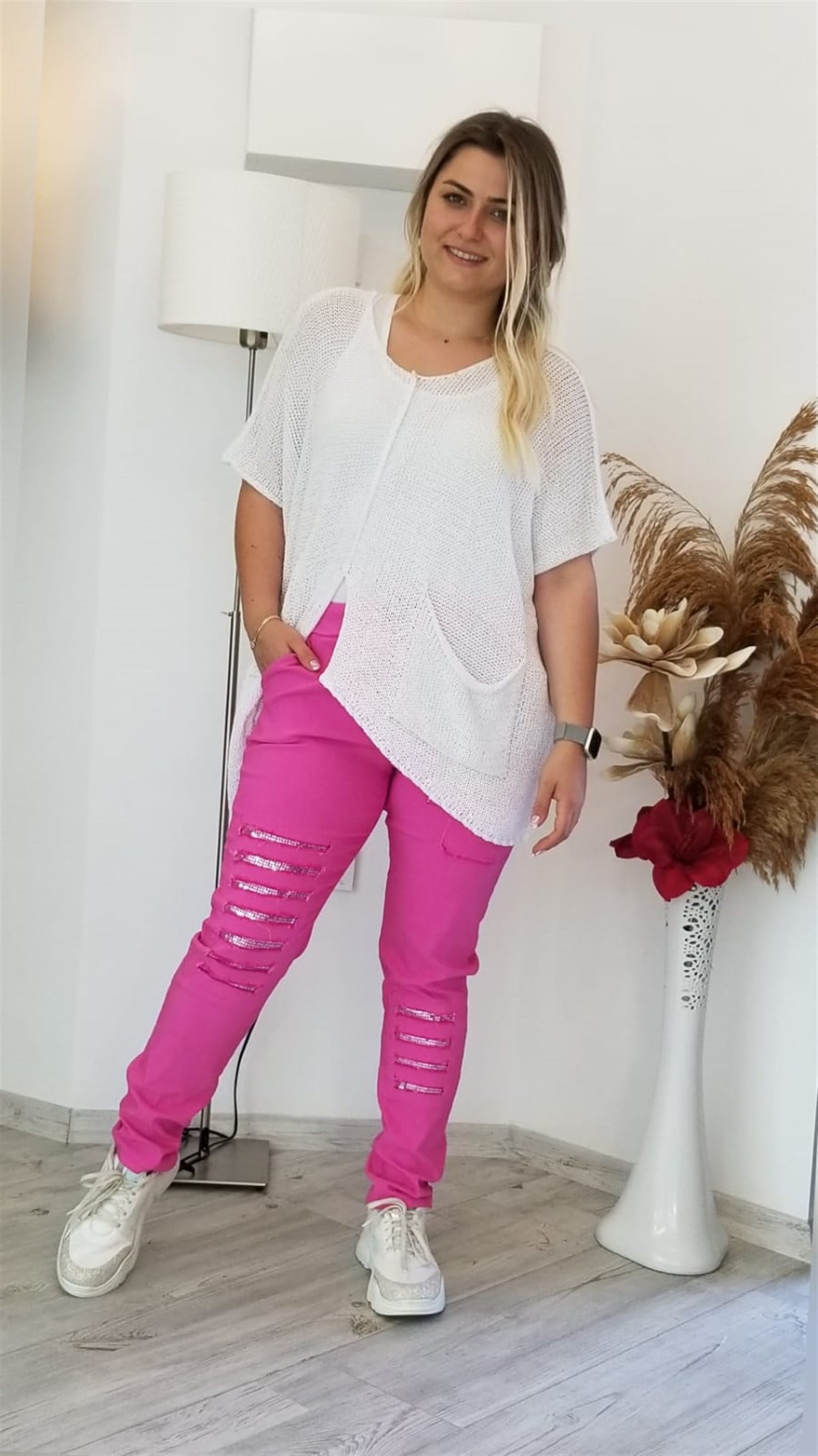Pembe İtalyan Pul Palet İşlemeli Pantolon