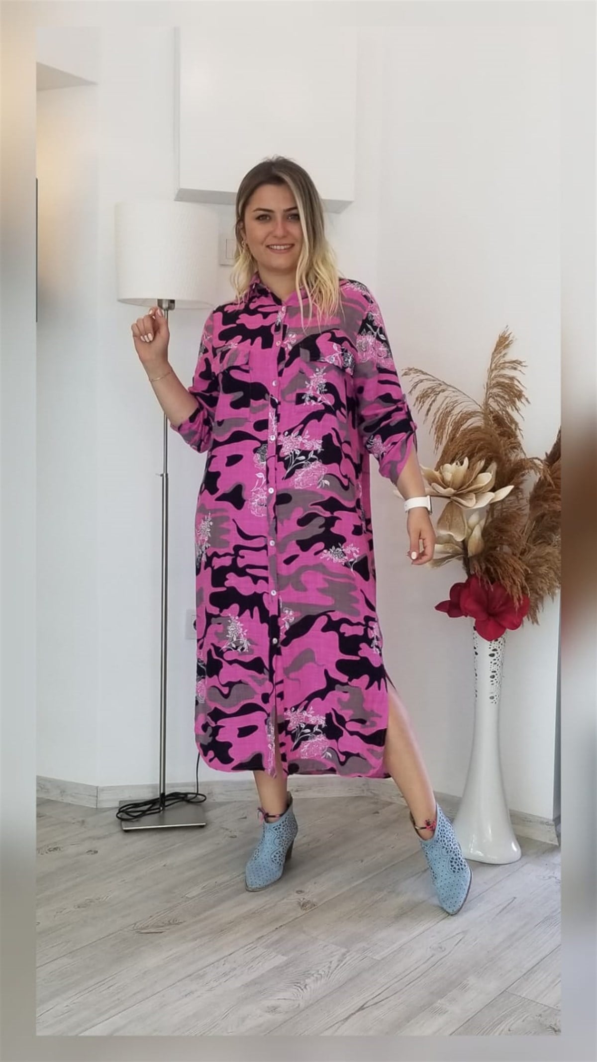 Pembe Önü Ful Düğmeli Gömlek Elbise