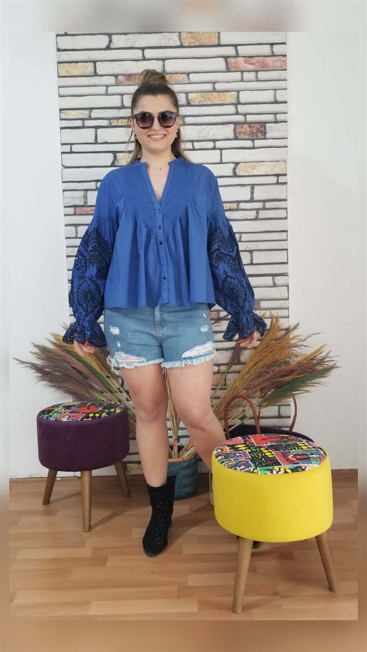 Sakzs Mavi Pamuklu  Nakışlı Bluz