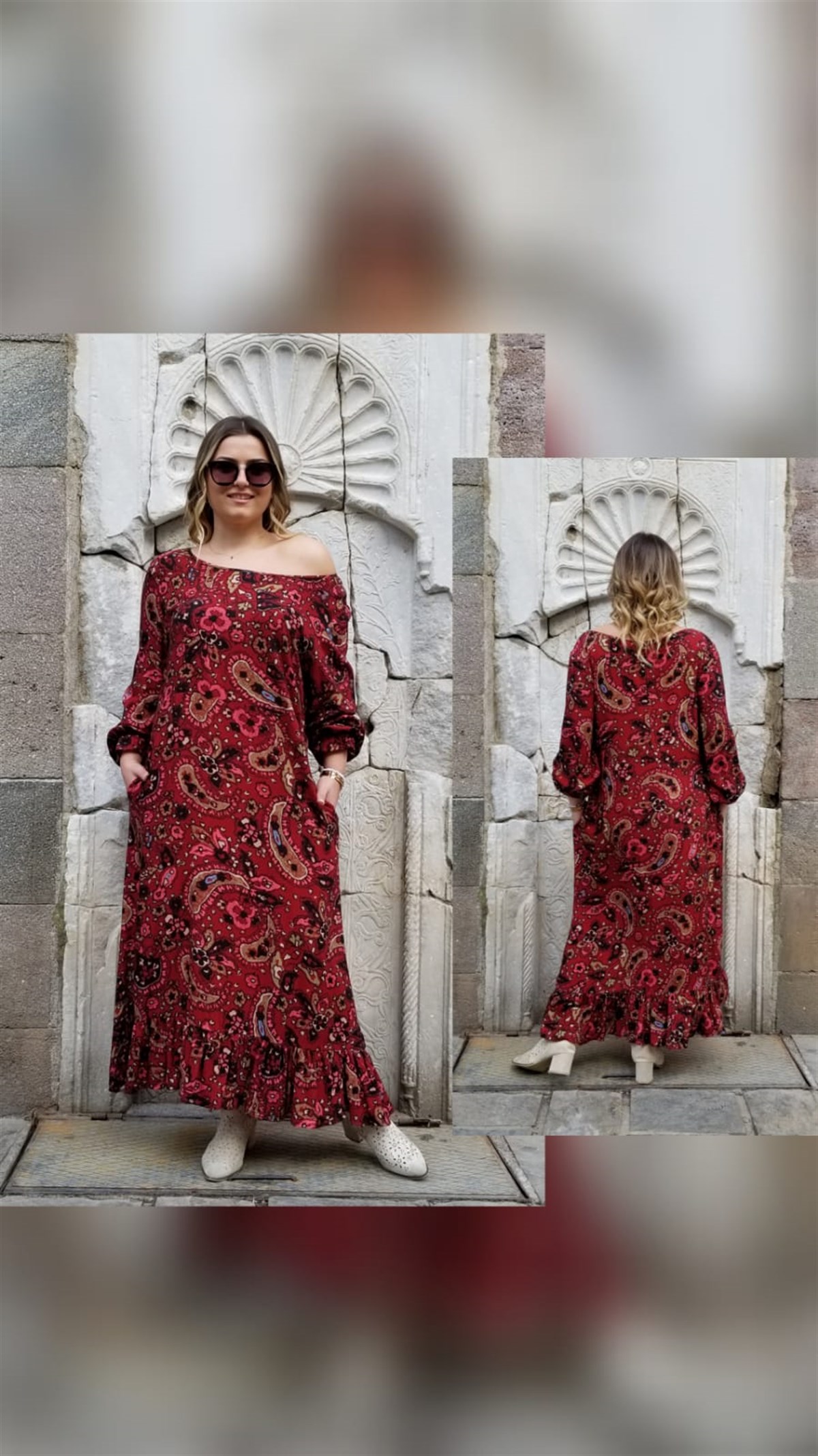 Şal Desen Bordo Elbise