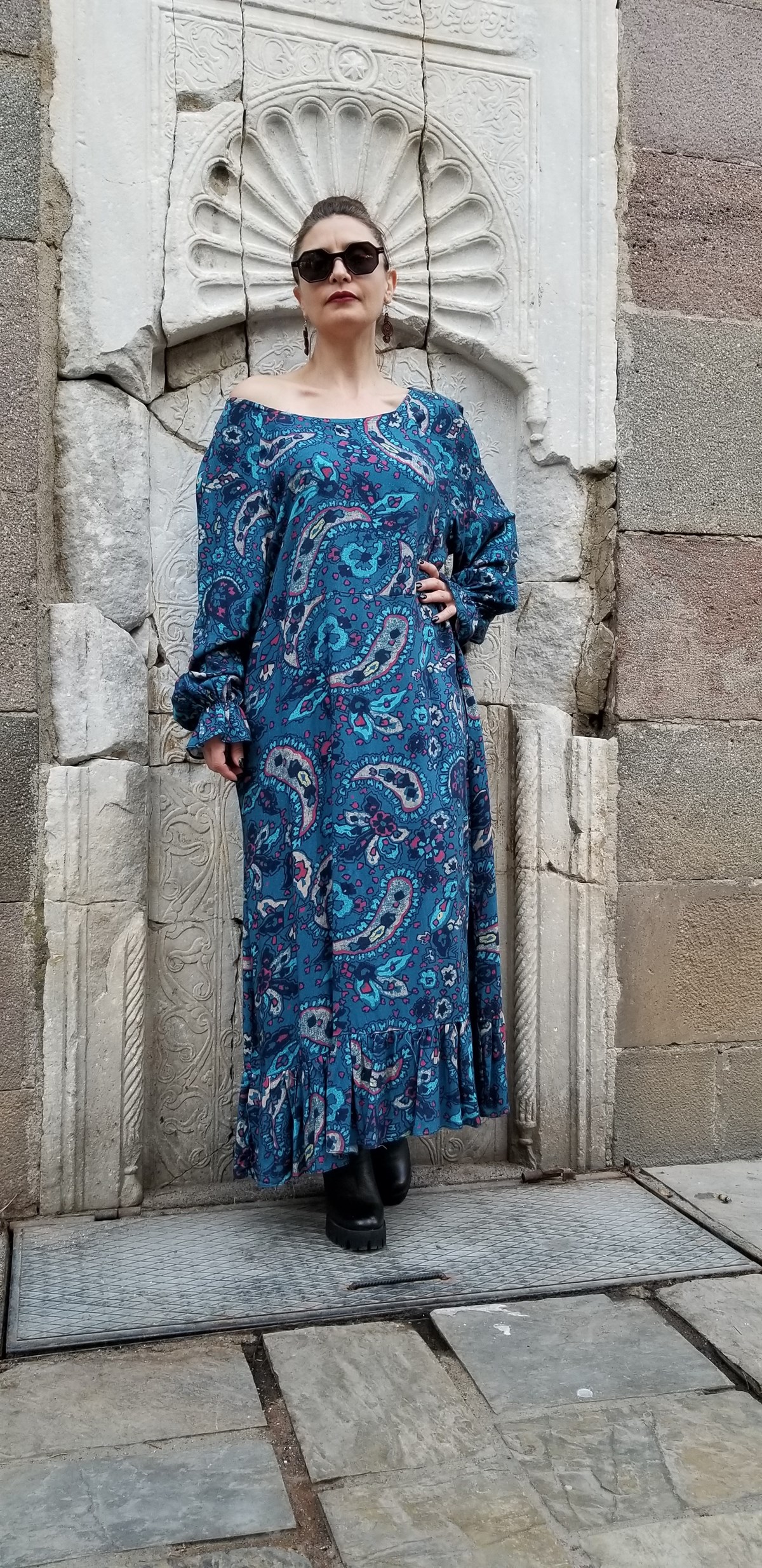 Şal Desen Mavi Elbise