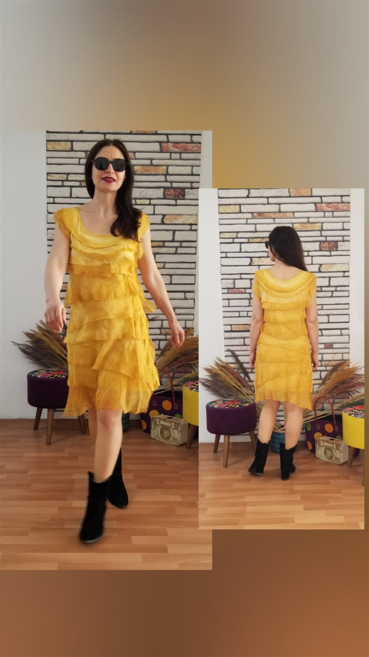 Sarı İçi Astarlı Kat Kat Mini Elbise