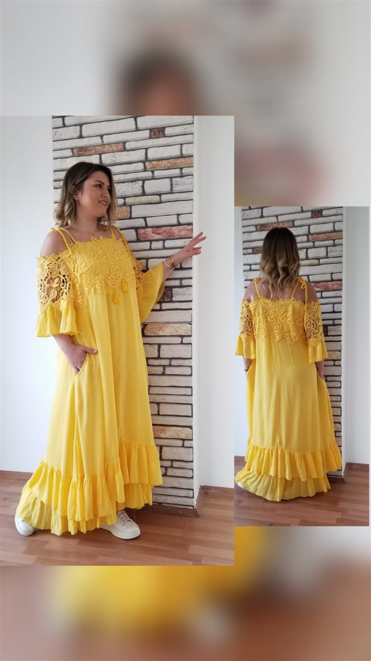 Sarı Küpür Detaylı Uzun Elbise 