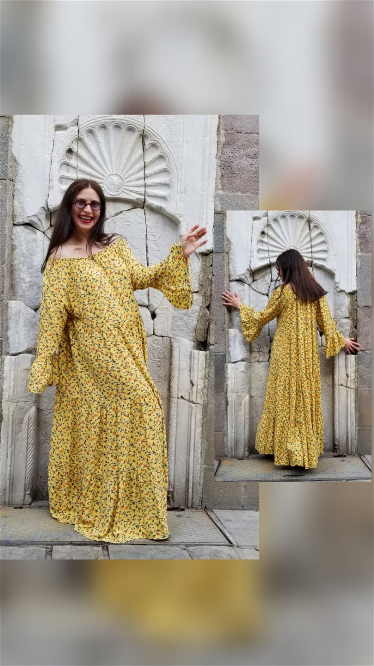 Sarı Omuzu Lastikli Katkat Fırfırlı Uzun Elbise