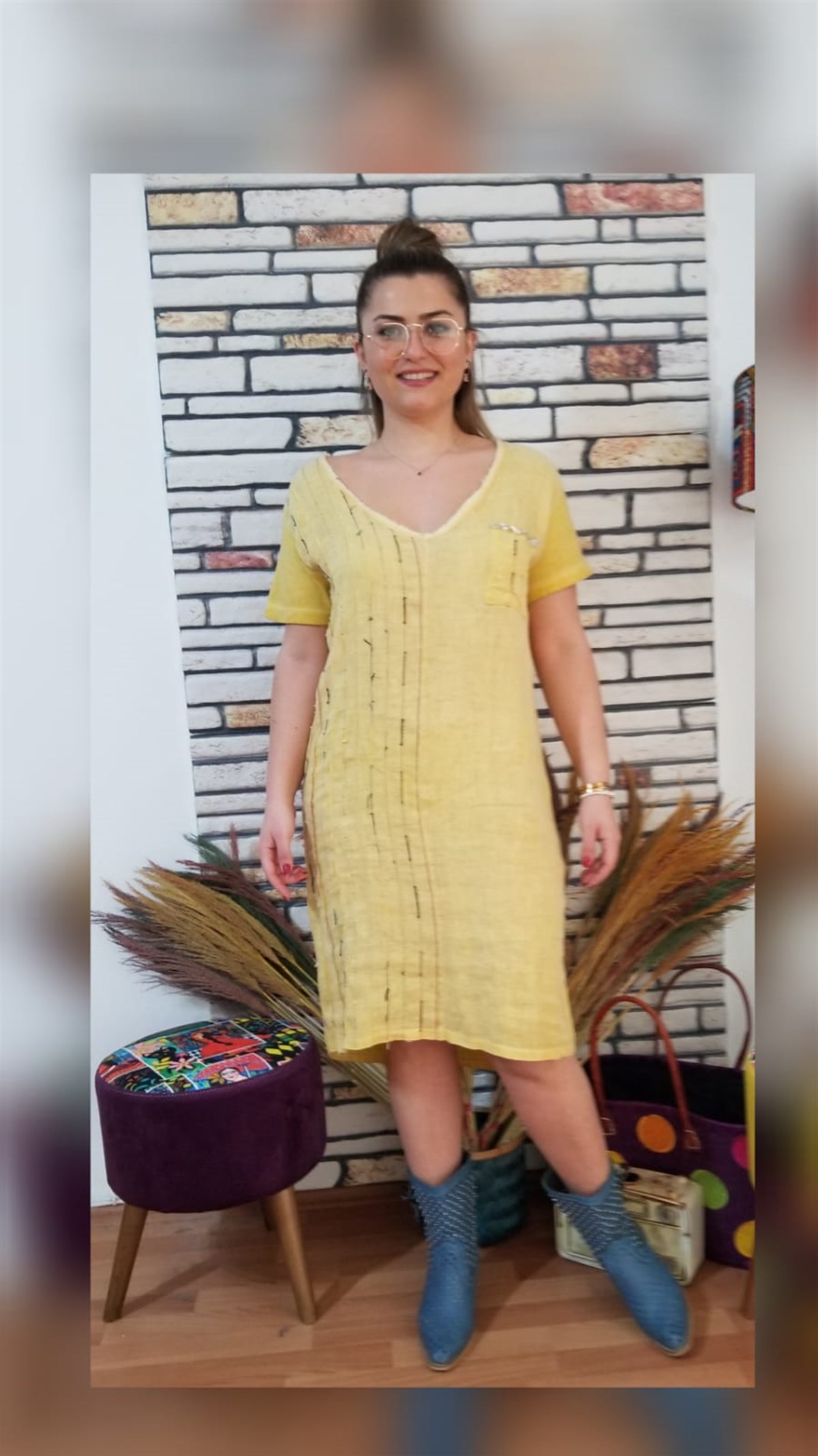 Sarı Ön Keten Arka Penye Kumaş Elbise 