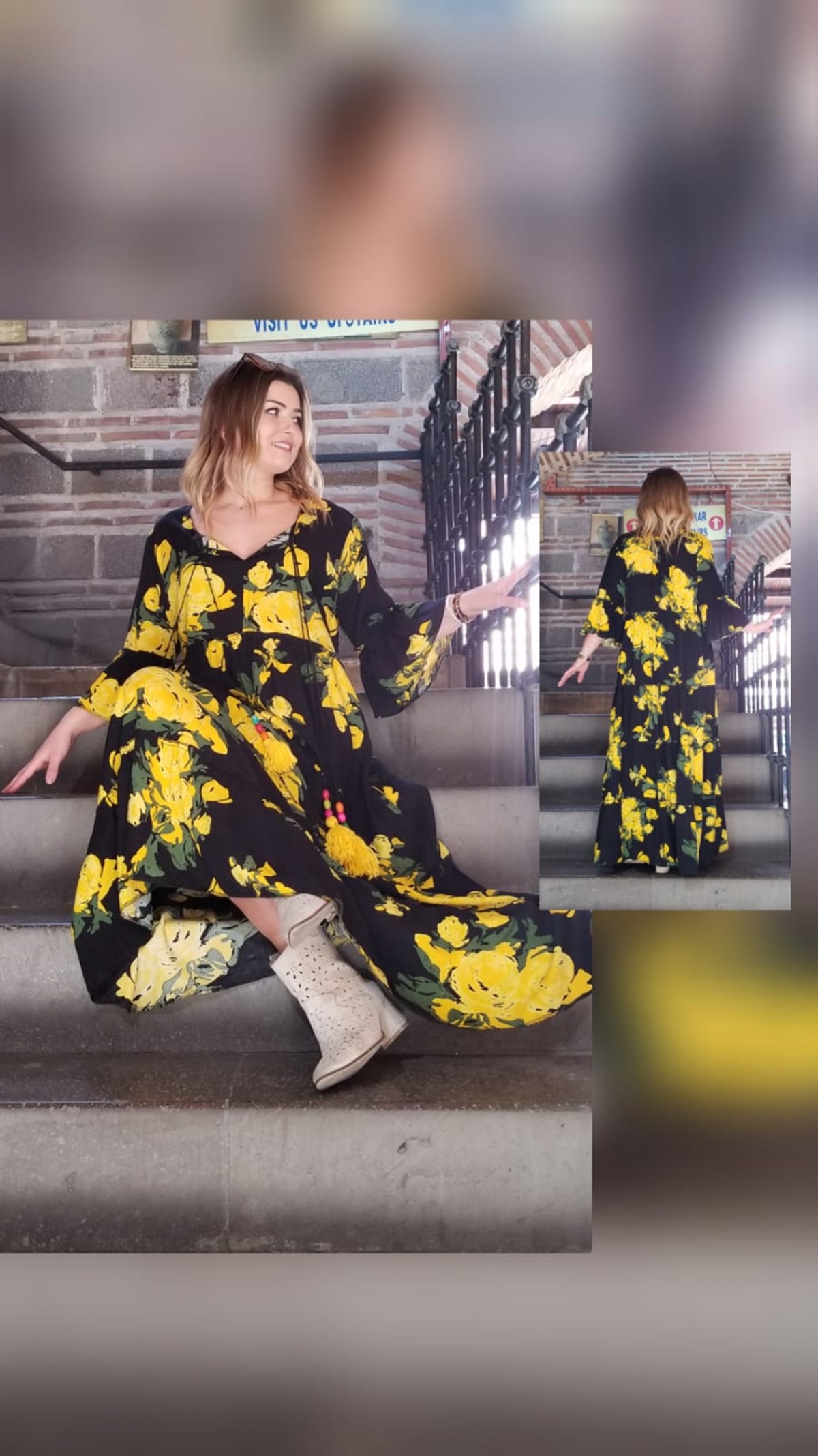 Siyah Çiçek Desenli Ponponlu Salaş Elbise