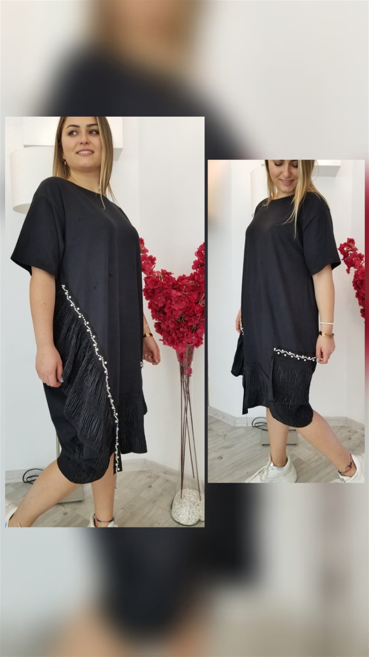 Siyah İnci İşlemeli Tasarım Elbise