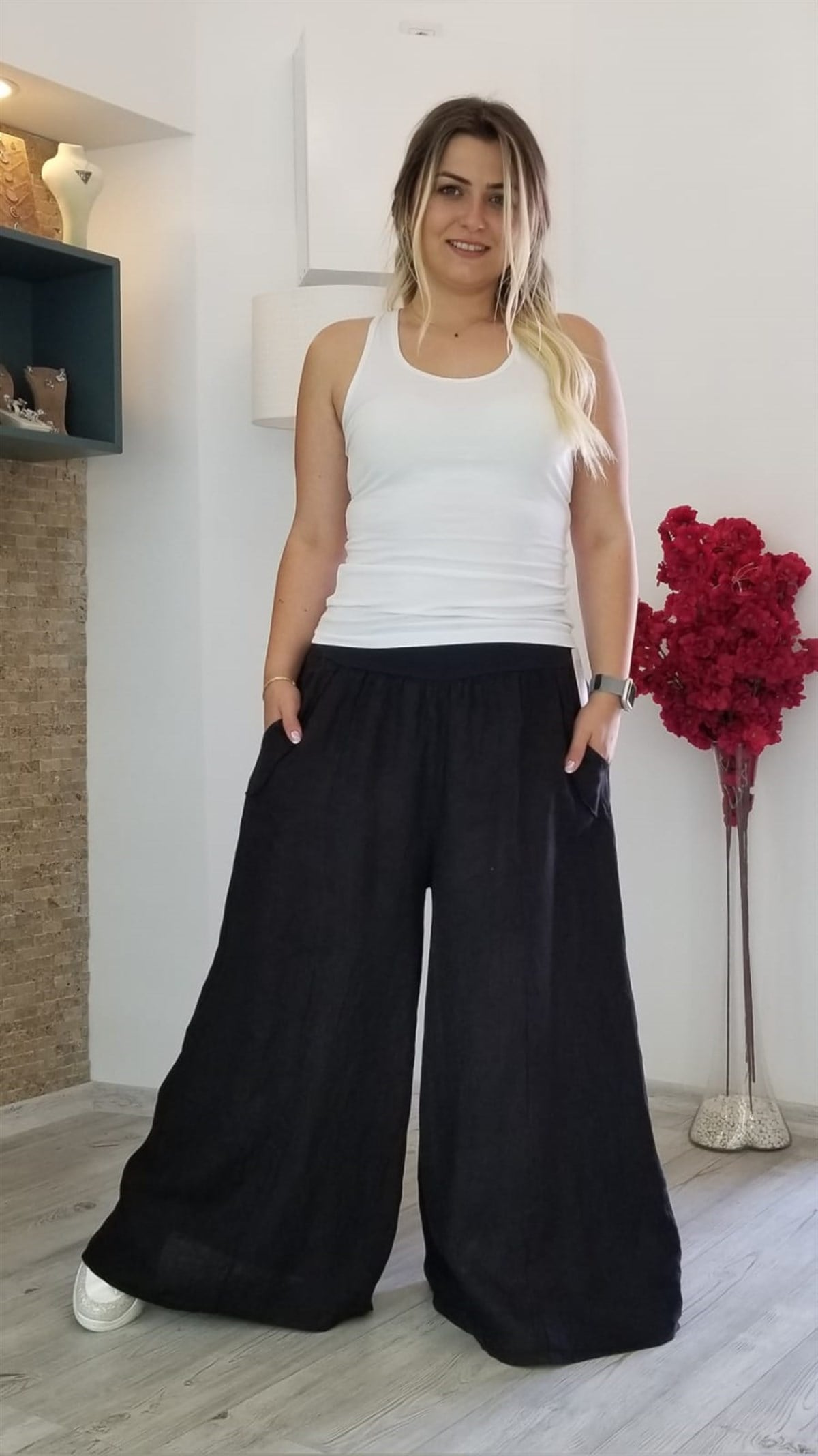 Siyah İtalyan Yandan Cepli Keten Pantolon