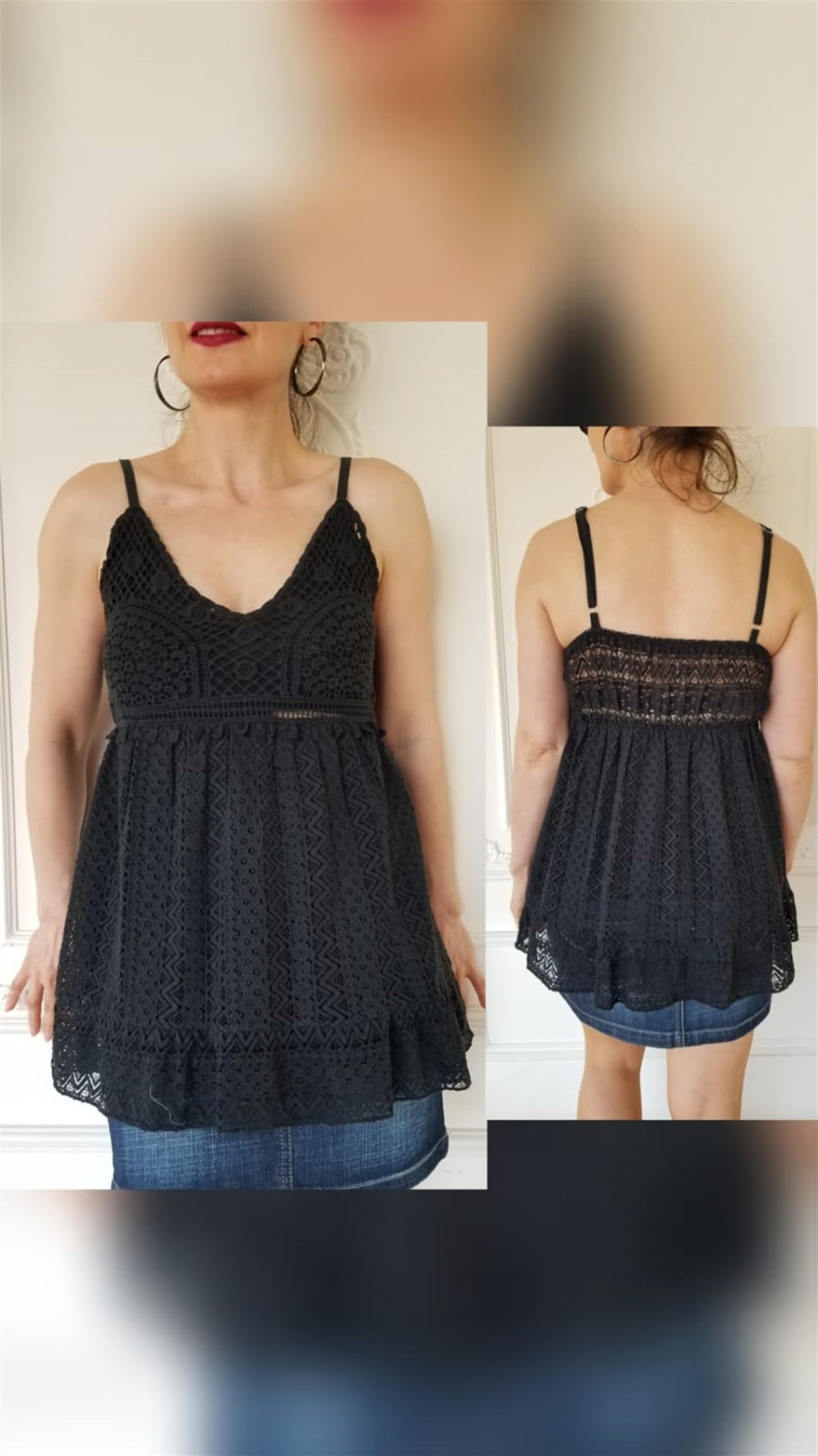 Siyah Koton Dantel Kumaş İçi Astarlı Bluz