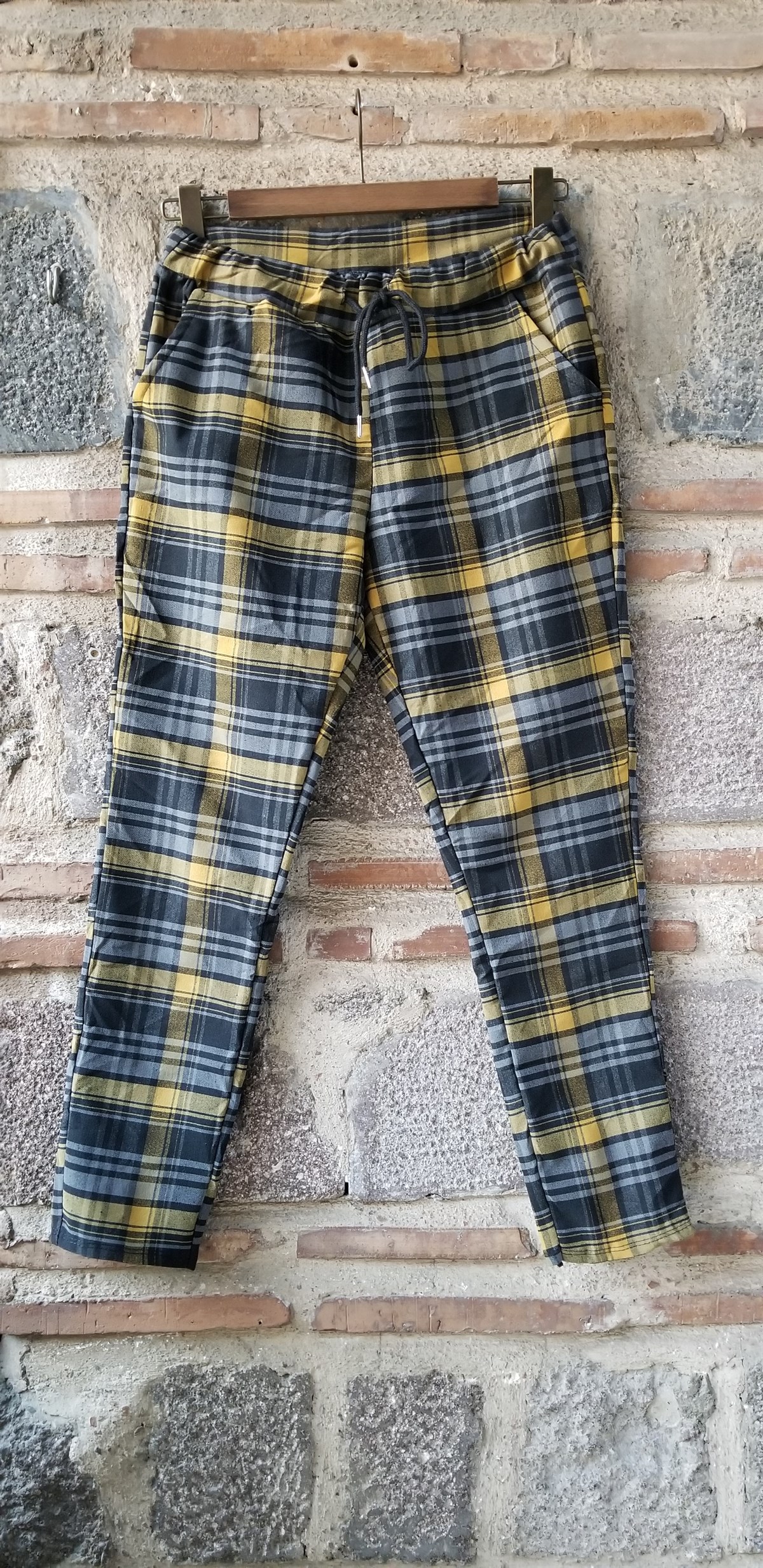 Siyah Sarı Gri Ekose Pantolon