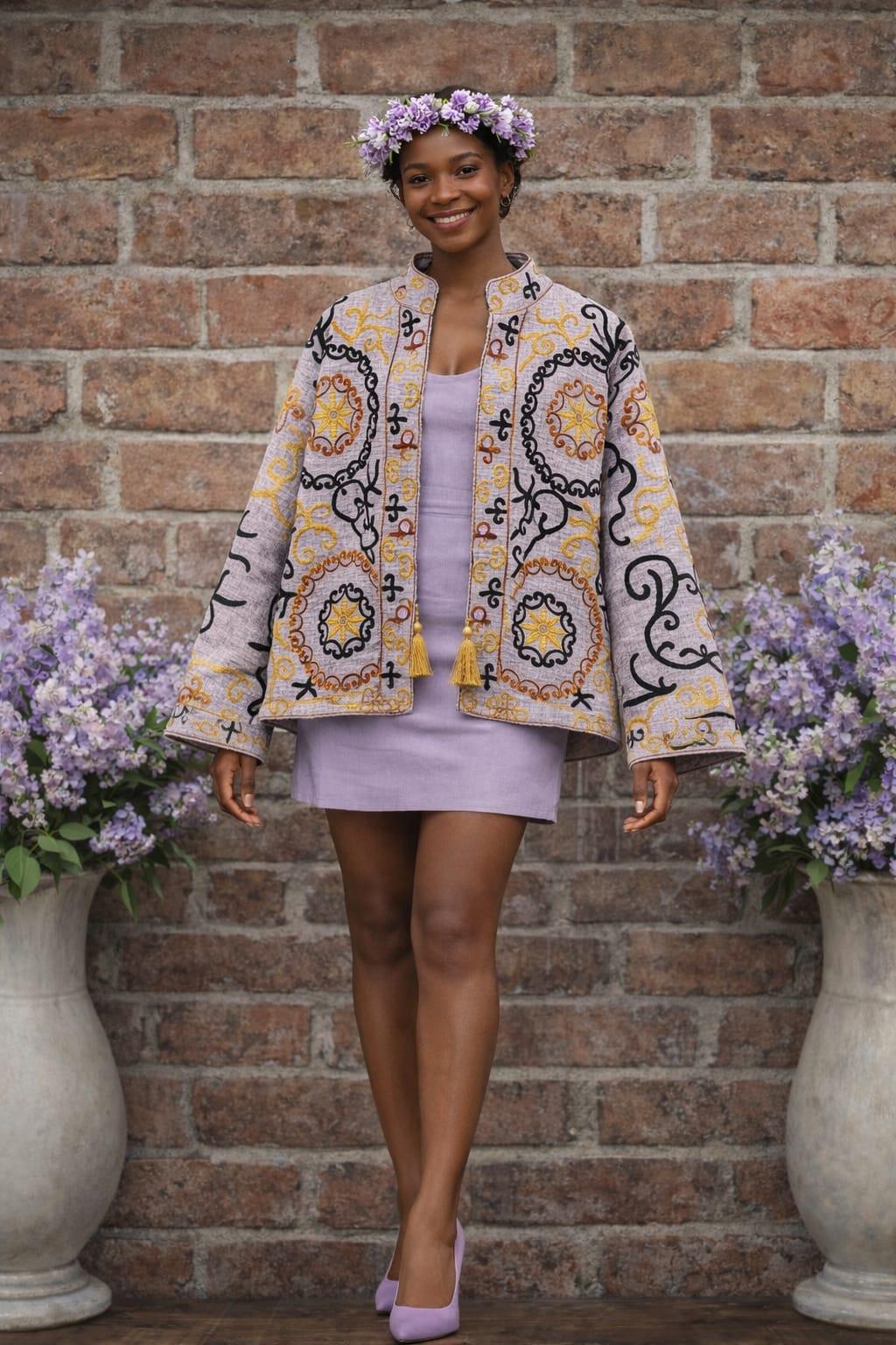 Suzani ceket  çift yönlü kullabilirsiniz. dokuma keten makine nakışı yandan cepli renk lila