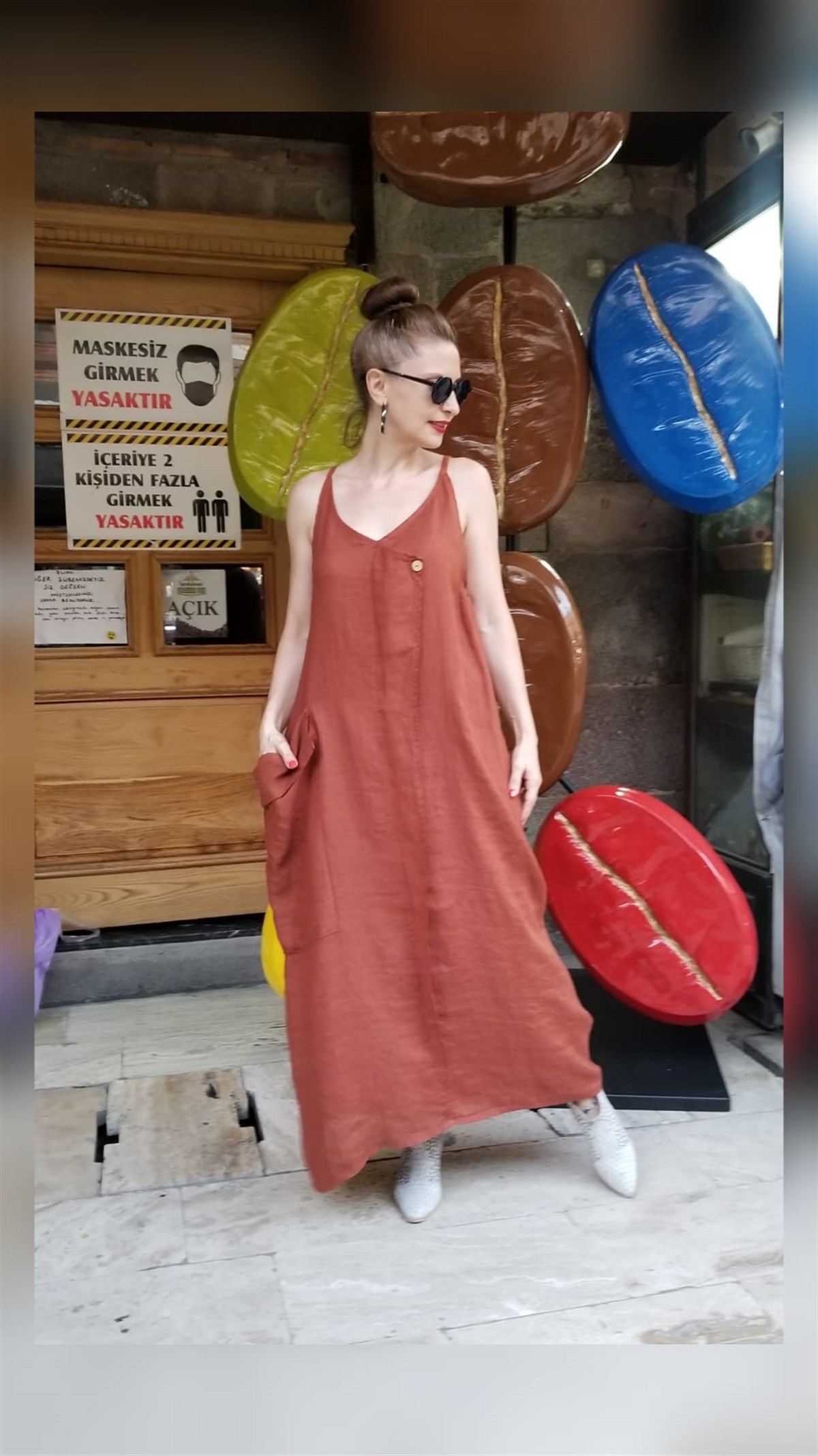 Taba İtalyan Keten Kumaş İp Askılı Elbise