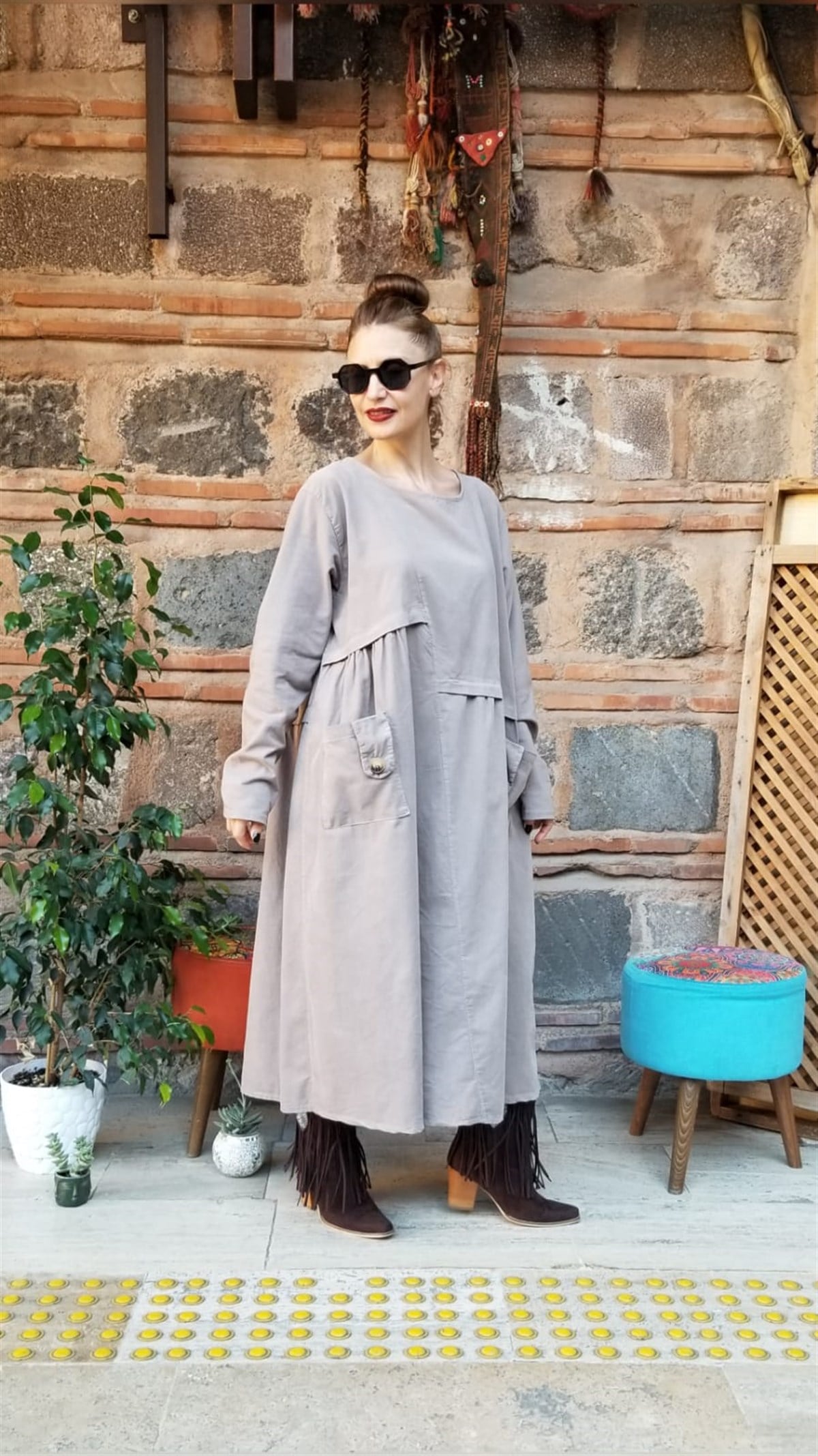 Taş Rengi İtalyan Kadife Elbise