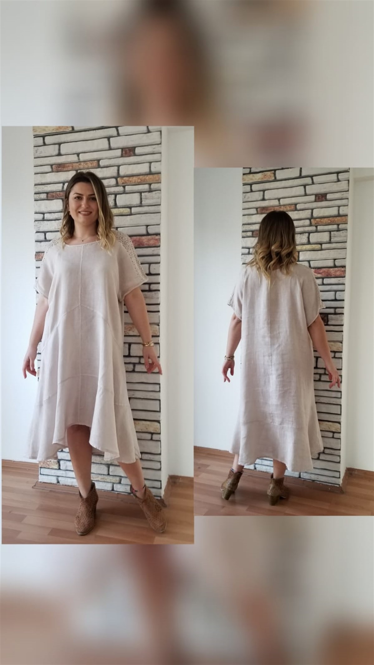 Taş Rengi Küpür Detaylı Keten Elbise