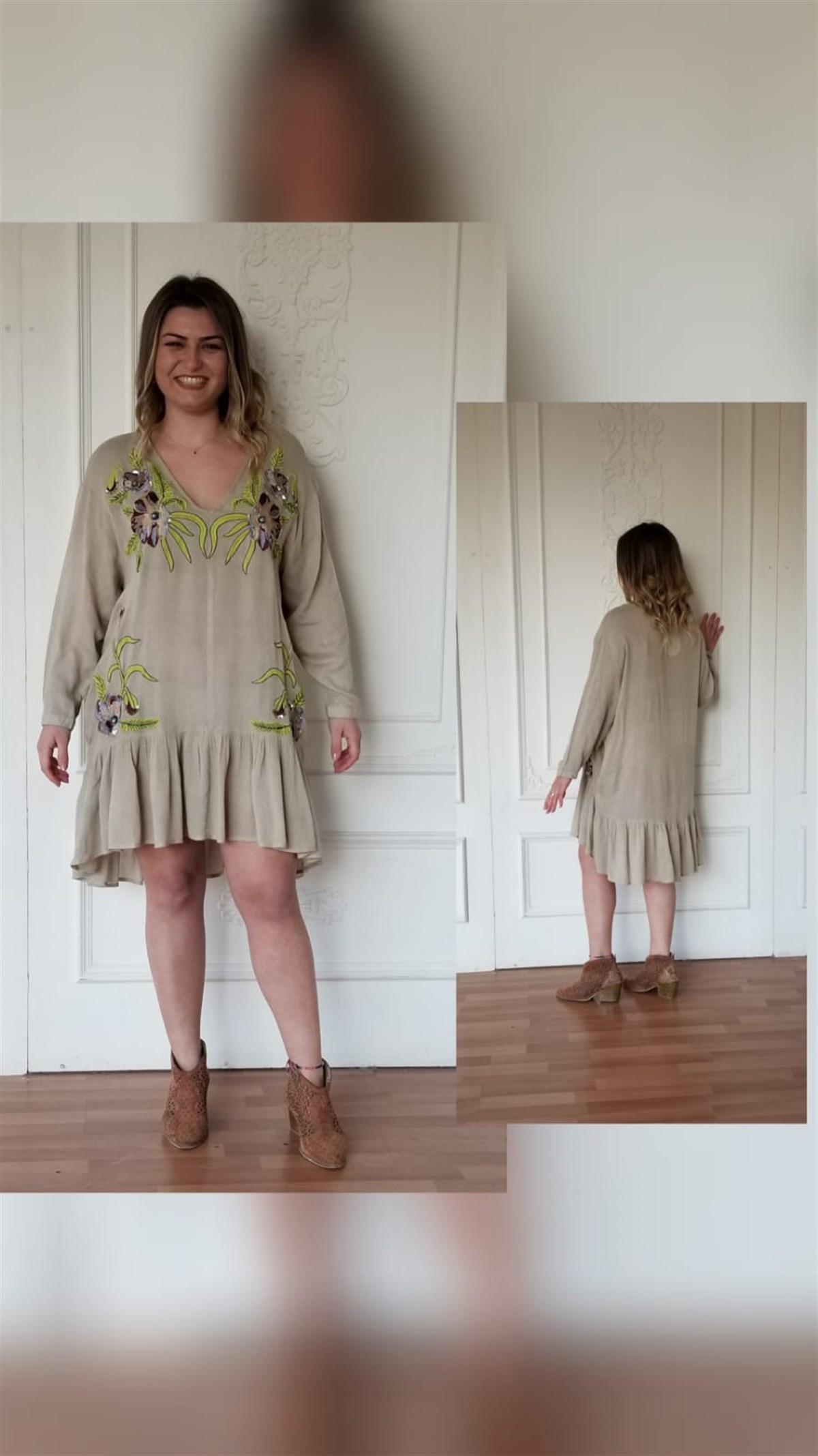 Tş Rengi Makina nakışlı Altı Fırfırlı Elbise