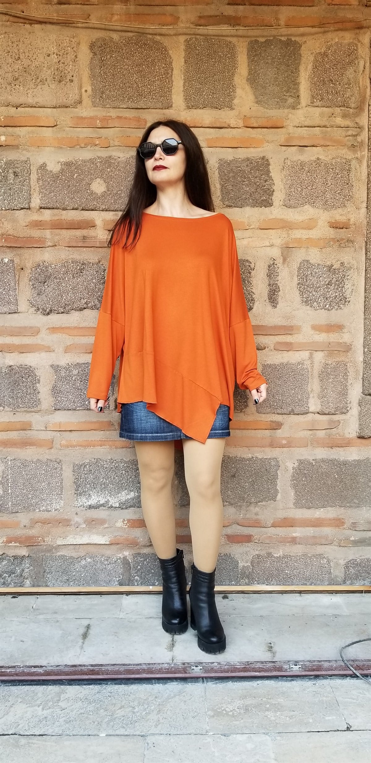Turuncu Asimetrik Bluz (Viscone Penye Kumaş)