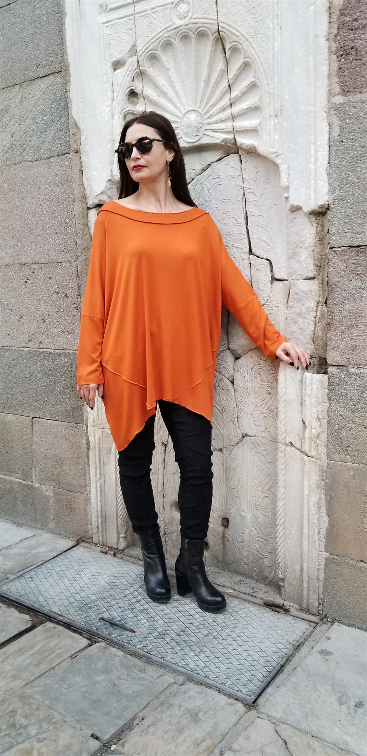 Turuncu Parçalı Bluz (Vicsone Penye Kumaş)
