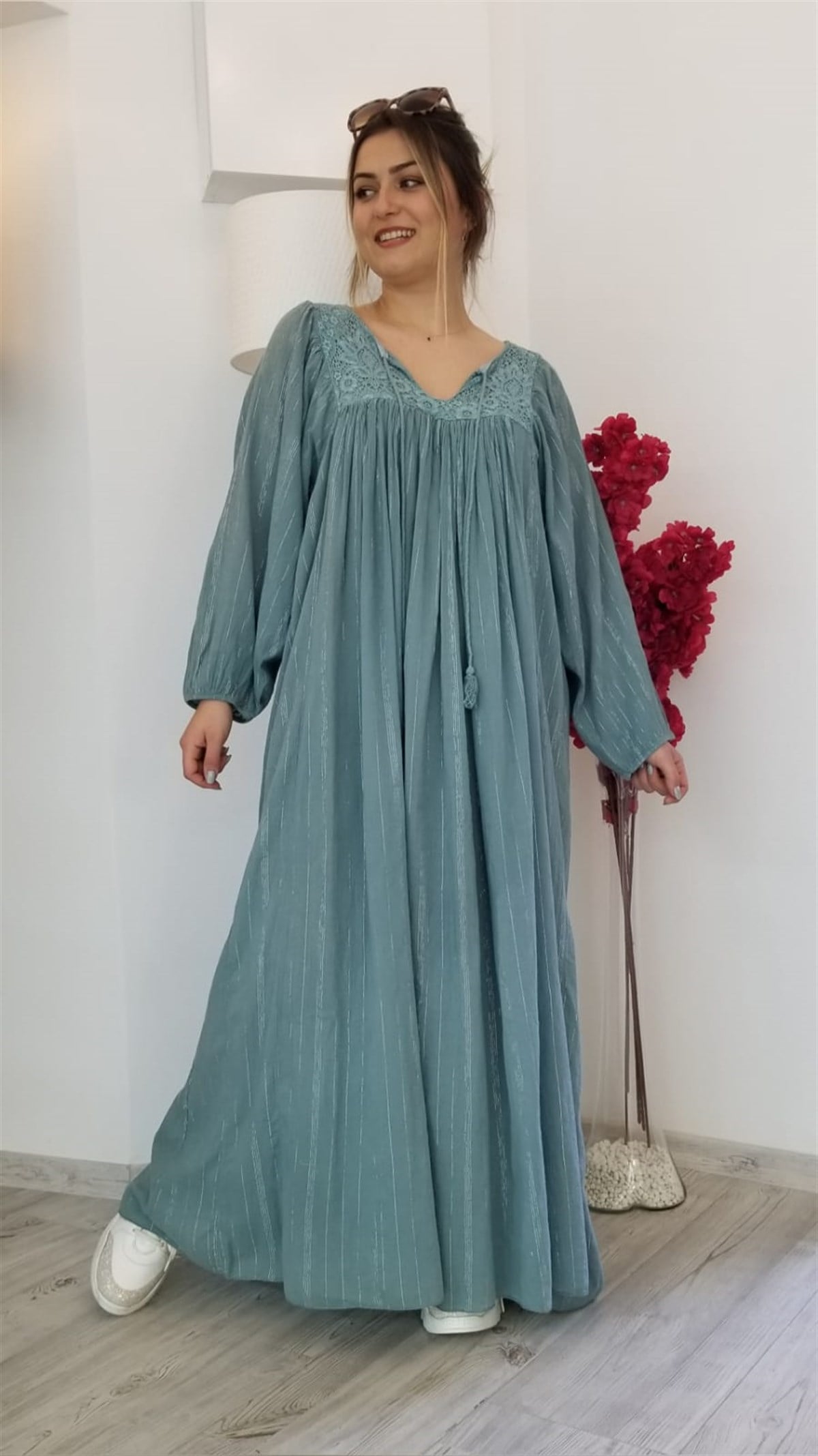 Yeşil Bohem Simli Maxi Boy Elbise