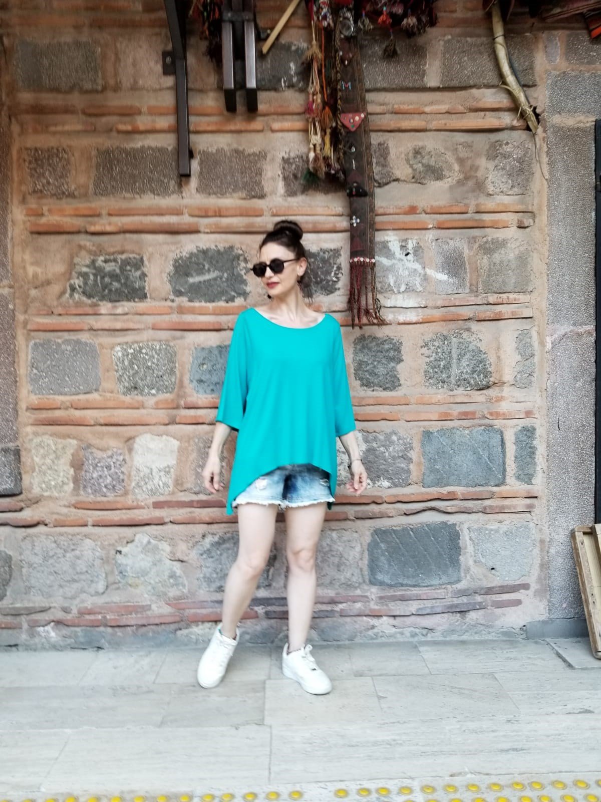 % 100 Pamuk Viskon Turkuaz Penye Bluz