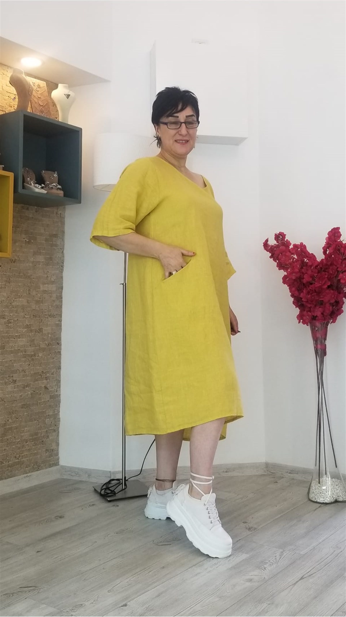 Asit Sarı İtalyan Keten Kumaş Cep Detaylı Elbise