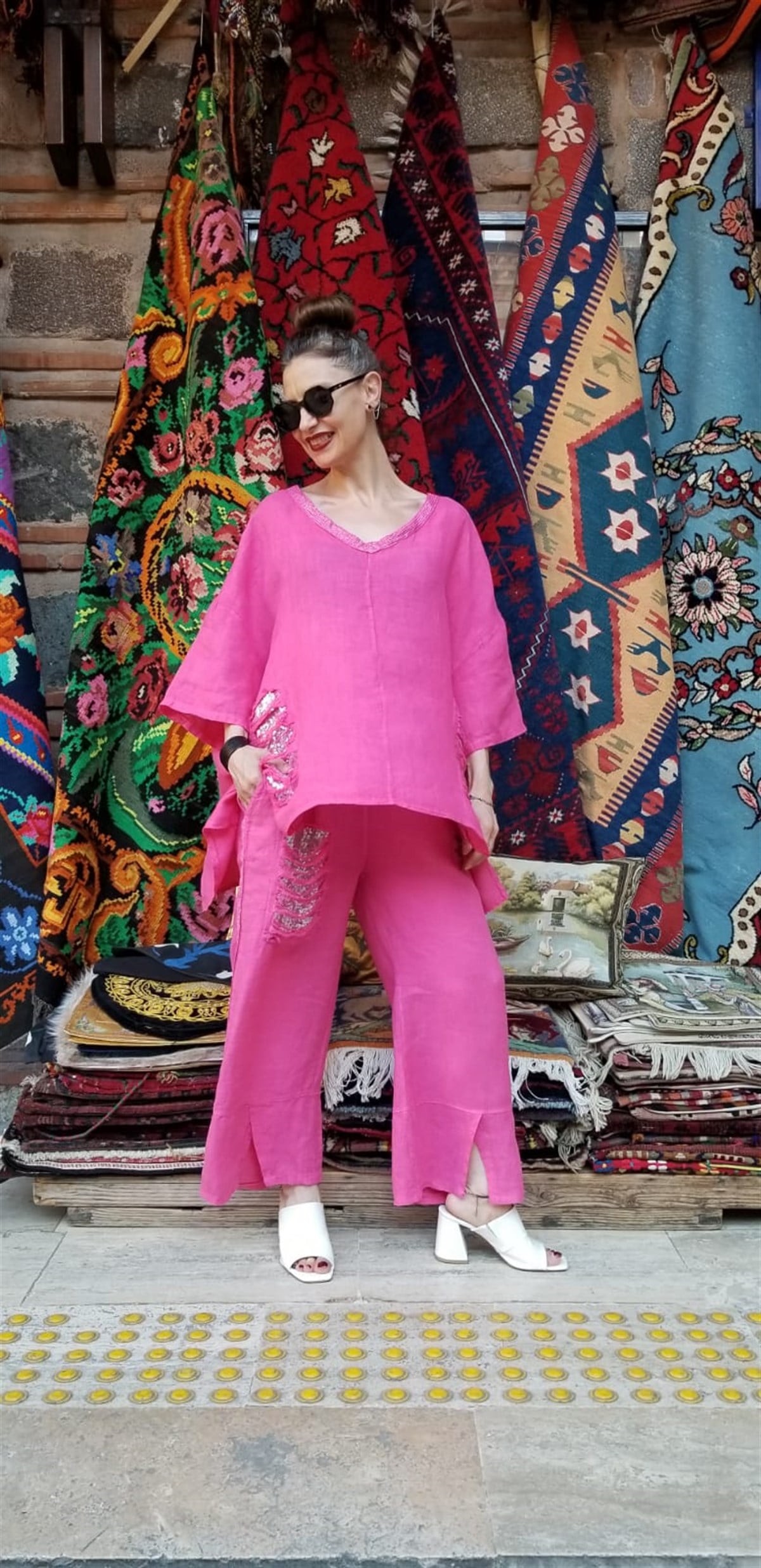 %100 İtalyan Pembe Pul Payet Detaylı Keten Takım