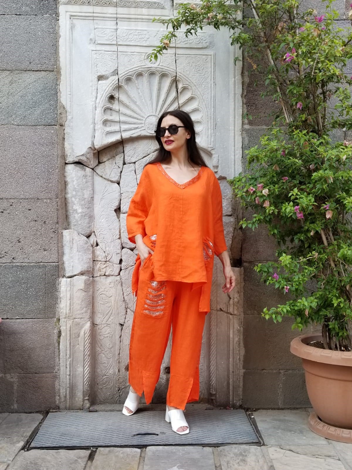 %100 İtalyan Turuncu Pul Payet Detaylı Keten Takım