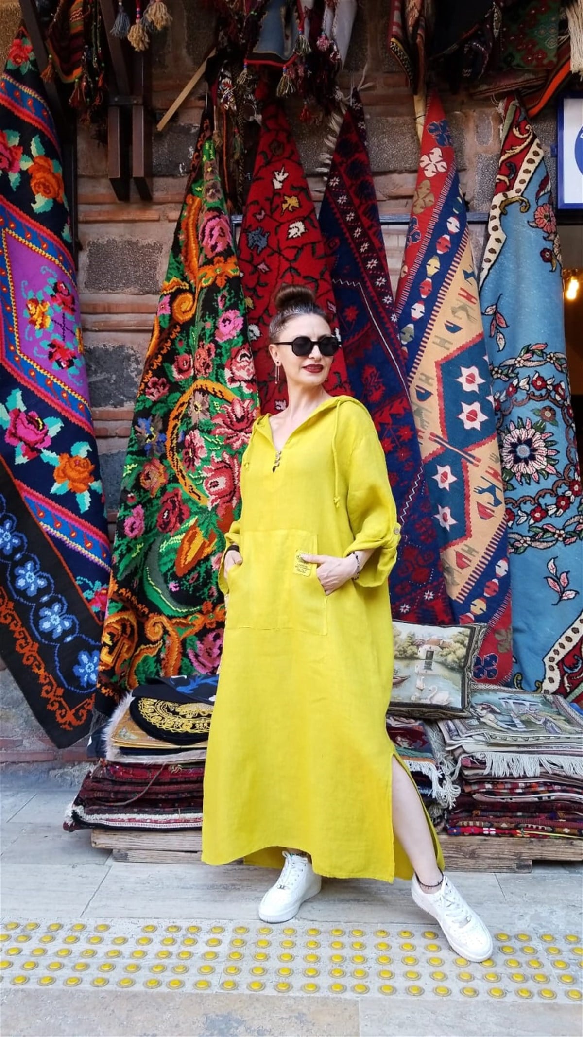 %100 Keten Kumaş Asit Sarı Kapişonlu Elbise