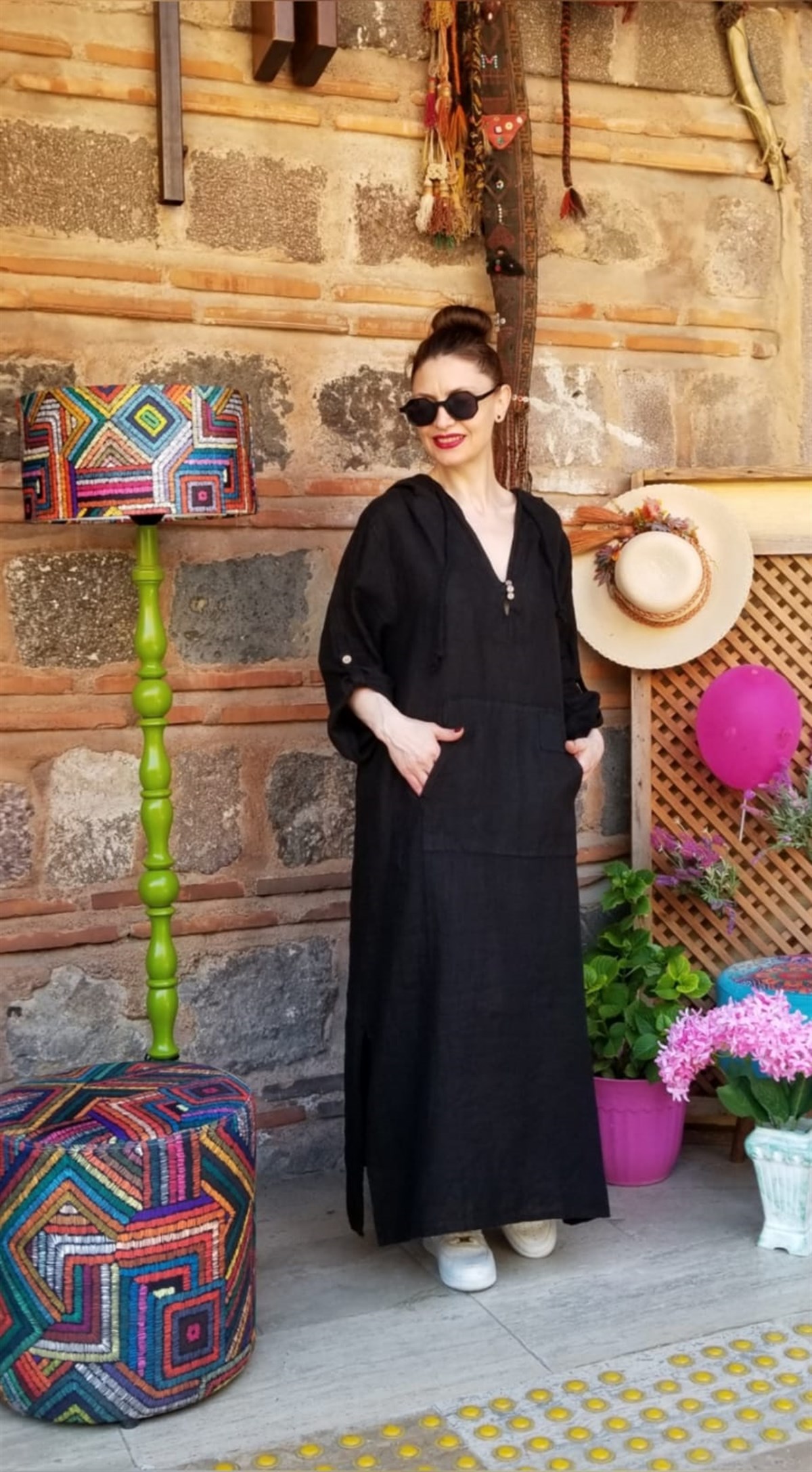 100 Keten Kumaş Siyah Renk Kapişonlu Elbise