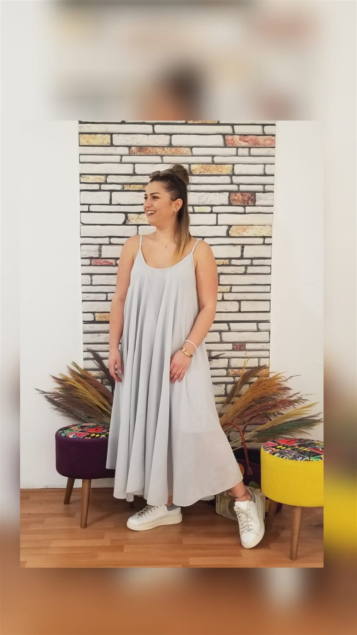 Açık Gri  Askılı İçi Astarlı Kloş Elbise