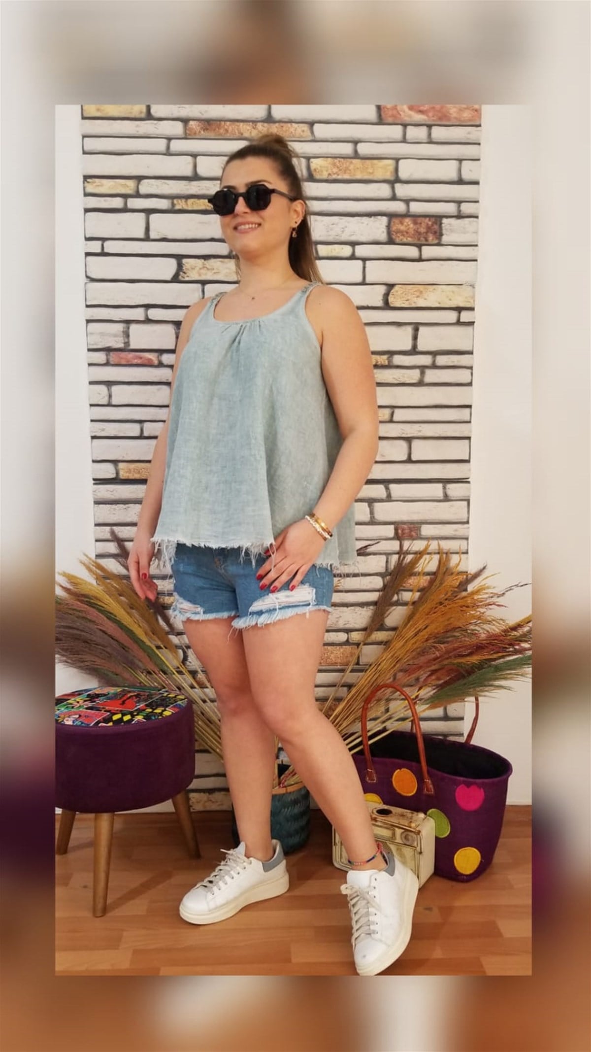 Açık Mavi Askılı Bluz