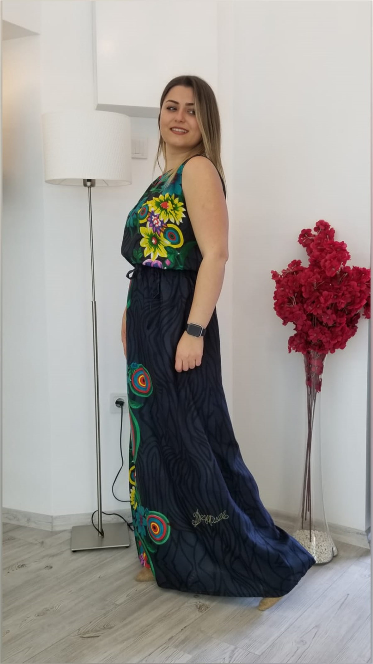 Antrasit Gri  Çiçek Desenli Maxi Boy Elbise