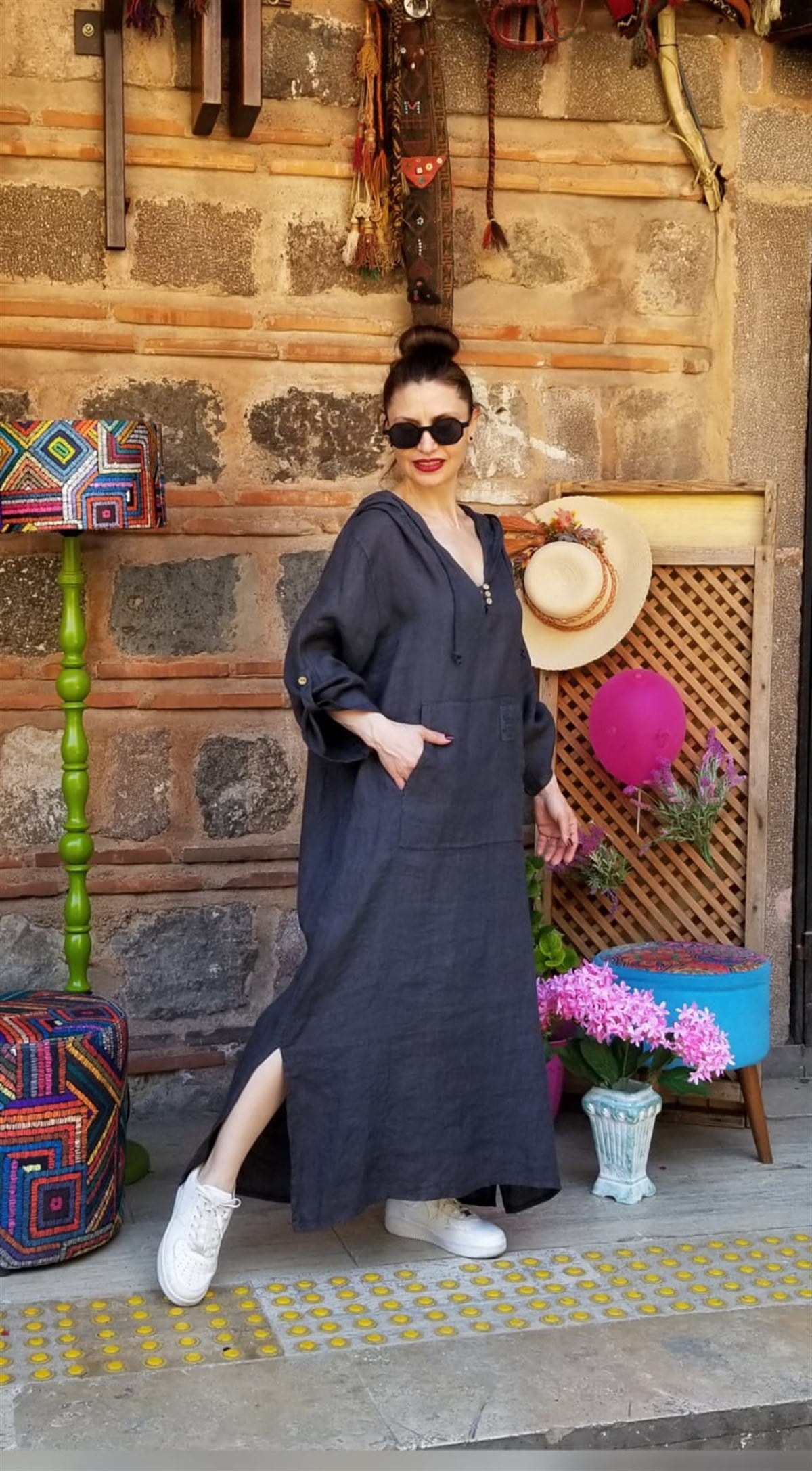 Antrasit Rengi Keten Elbise Cepli Kapişonlu